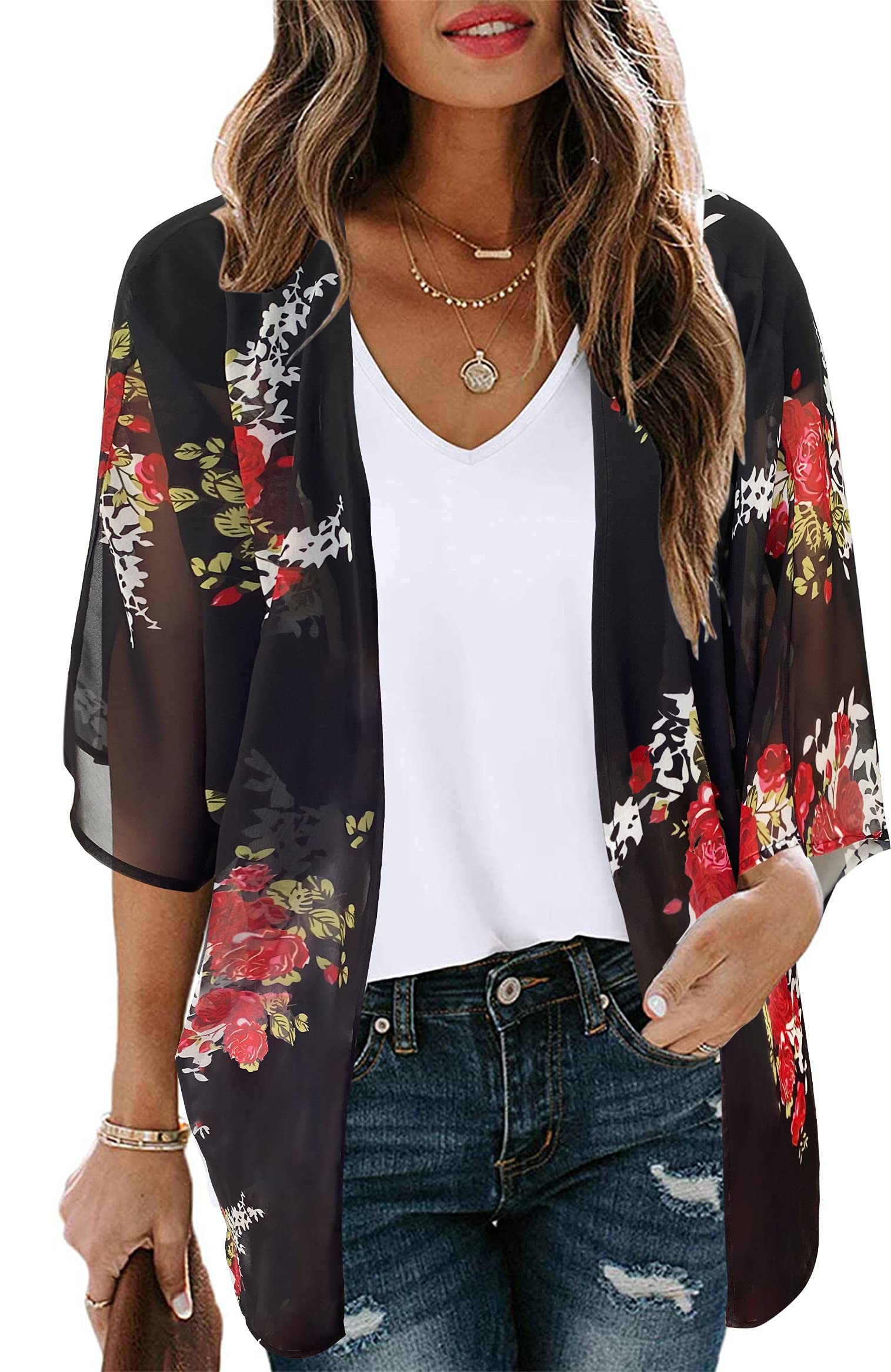 Floral Print Puff Sleeve Kimono Cardigan for Women - Lightweight Loose Cover Up Blouse with Elegant Floral Design | Perfect for Beach, Summer Outfits, Casual Wear & Boho Style Fashion