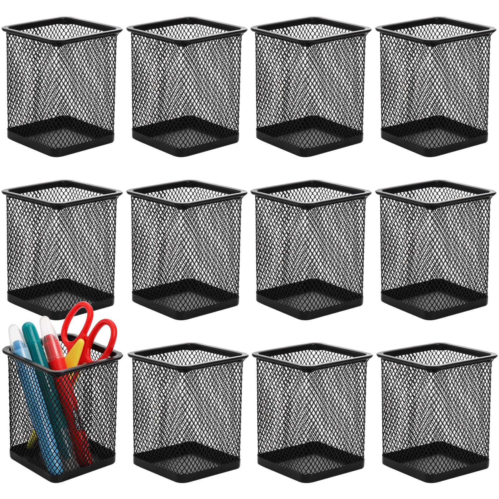 Nicunom 12 Pack Black Metal Pen Holder - Square Mesh Pencil Cup for Desk Organization | Office Supplies, School & Home Use