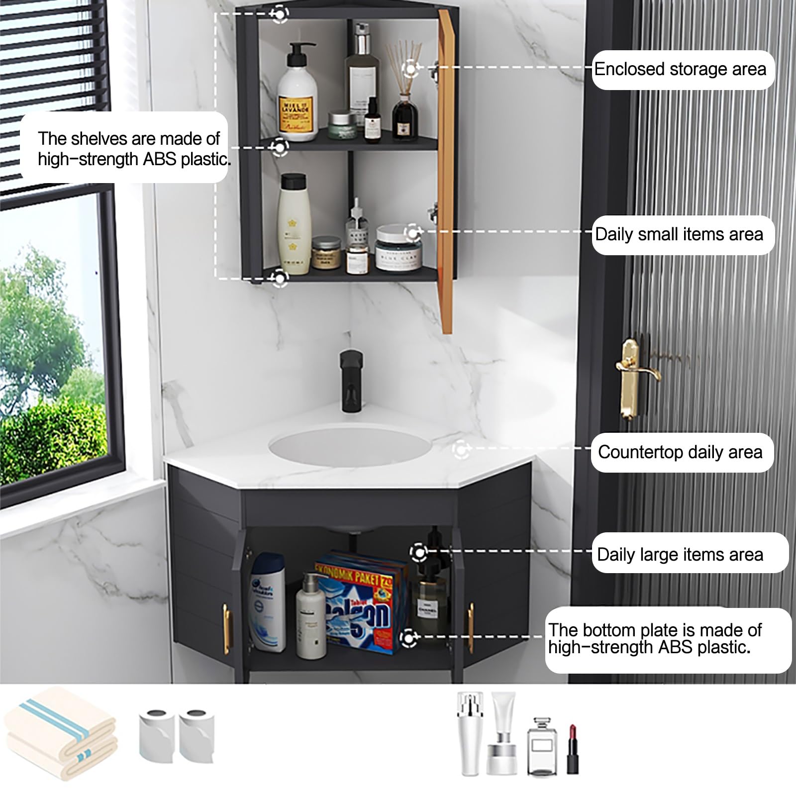 Corner Ceramic Sink Vanity Set with Anti-Fog LED Mirror & Storage Cabinet - Wall Mounted Modern Bathroom Furniture for Small Spaces (White) - Perfect for Compact Bathrooms, Powder Rooms, and Space-Saving Home Designs