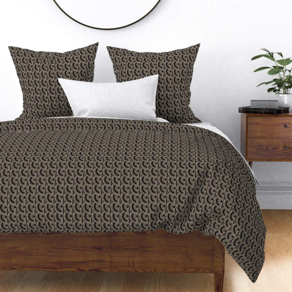 Art Deco Mid Century Japanese Nouveau Damask Print Cotton Sateen Duvet Cover - Full/Queen Size, Black Geometric Abstract Circles Design - Custom Bedding for Modern & Vintage Home Decor
