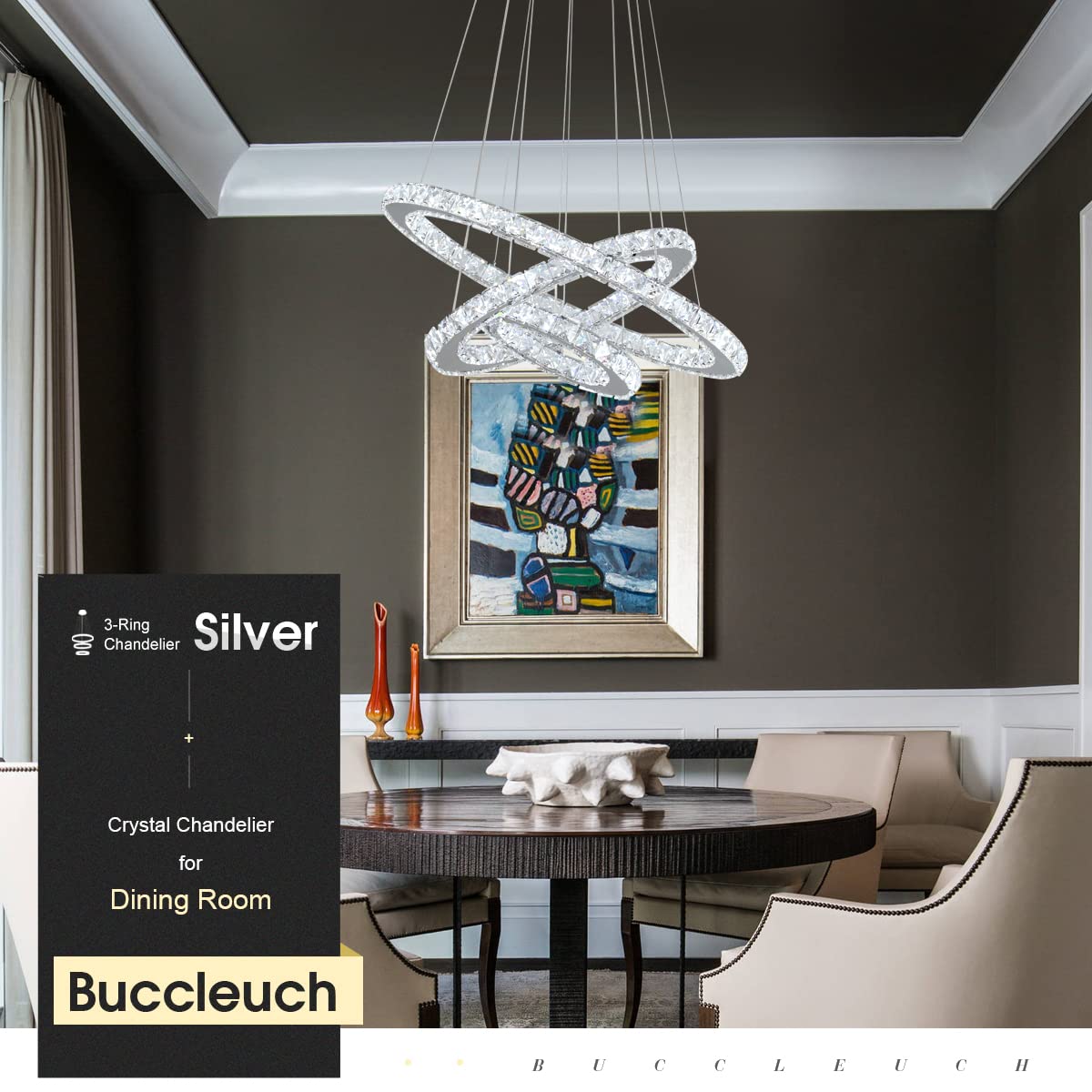 Buccleuch Modern Crystal Chandelier - Dimmable LED Pendant Light with 3-Ring Adjustable Stainless Steel Design | Silver Dining Room Chandelier for Bedroom & Living Room Lighting | ETL Certified for Home & Office Decor