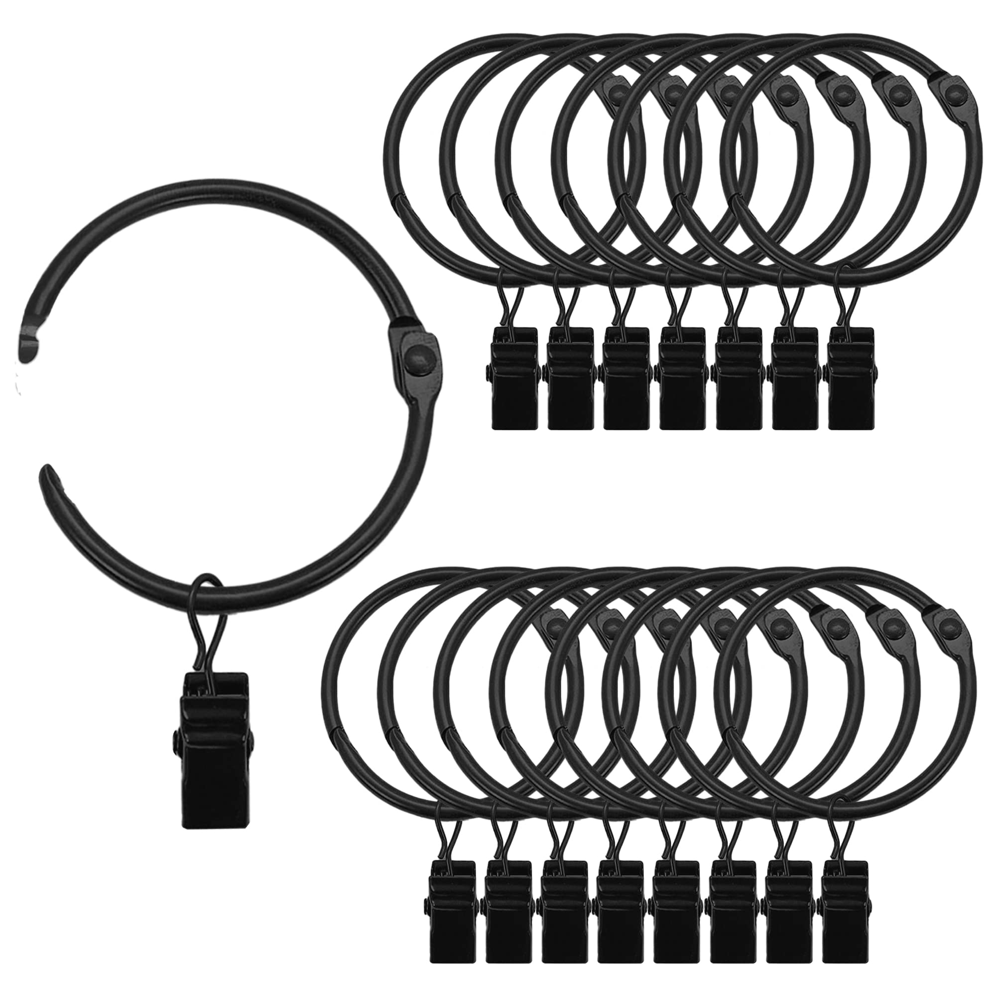 2 Inch Black Metal Openable Curtain Rings with Clips - 18 Pack for Window Curtain Rod Hooks & Hangers - Perfect for Living Room, Bedroom, and Home Decor