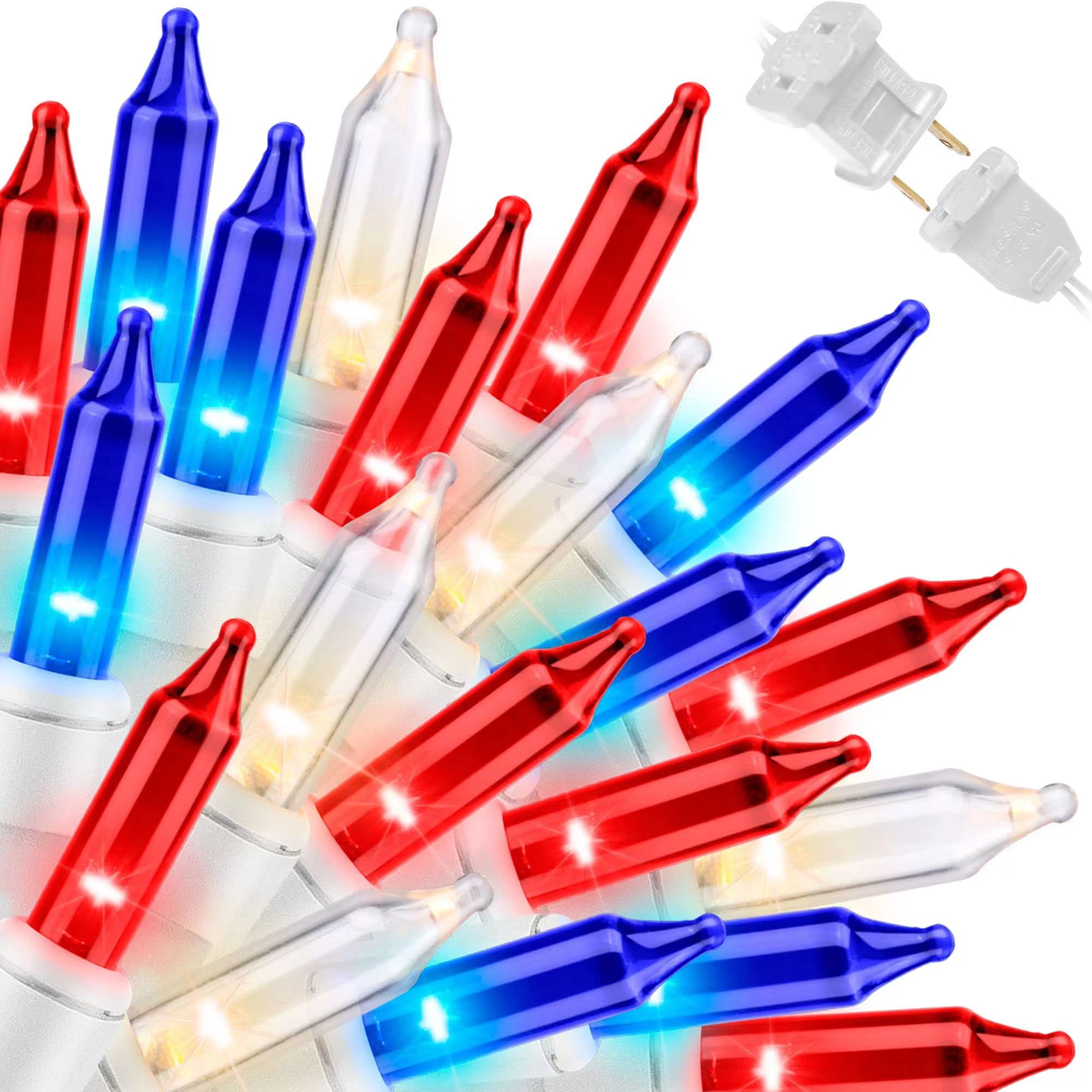 Red White & Blue Patriotic String Lights - 19.6Ft 100 LED Mini Lights with White Wire, UL Certified for Independence Day, Memorial Day, 4th of July Decorations - Perfect for Outdoor Patio, Garden, Party, and Holiday Lighting
