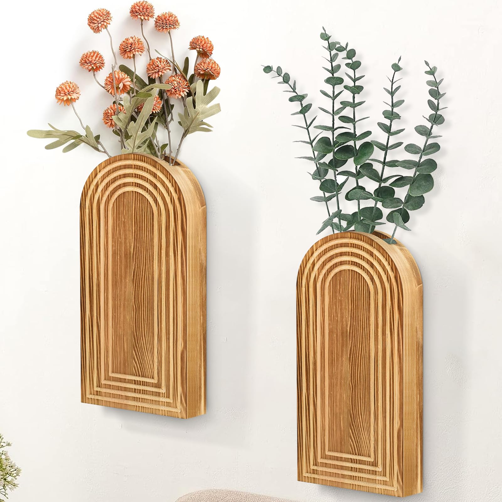 2 Pack Rustic Brown Wood Wall Planters for Indoor Plants - Modern Farmhouse Wall Decor for Bathroom, Living Room, Kitchen - Perfect for Dried Flowers & Faux Greenery - Ideal for Home, Office, and Wedding Decor
