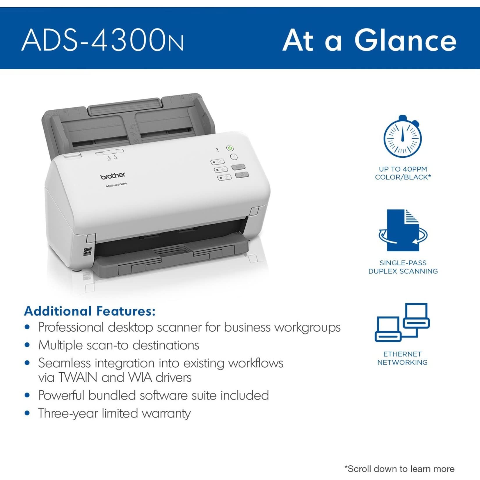 Brother ADS-4300N High-Speed Professional Document Scanner | Duplex Scanning, Network Connectivity | Ideal for Office, Legal & Medical Records Digitization