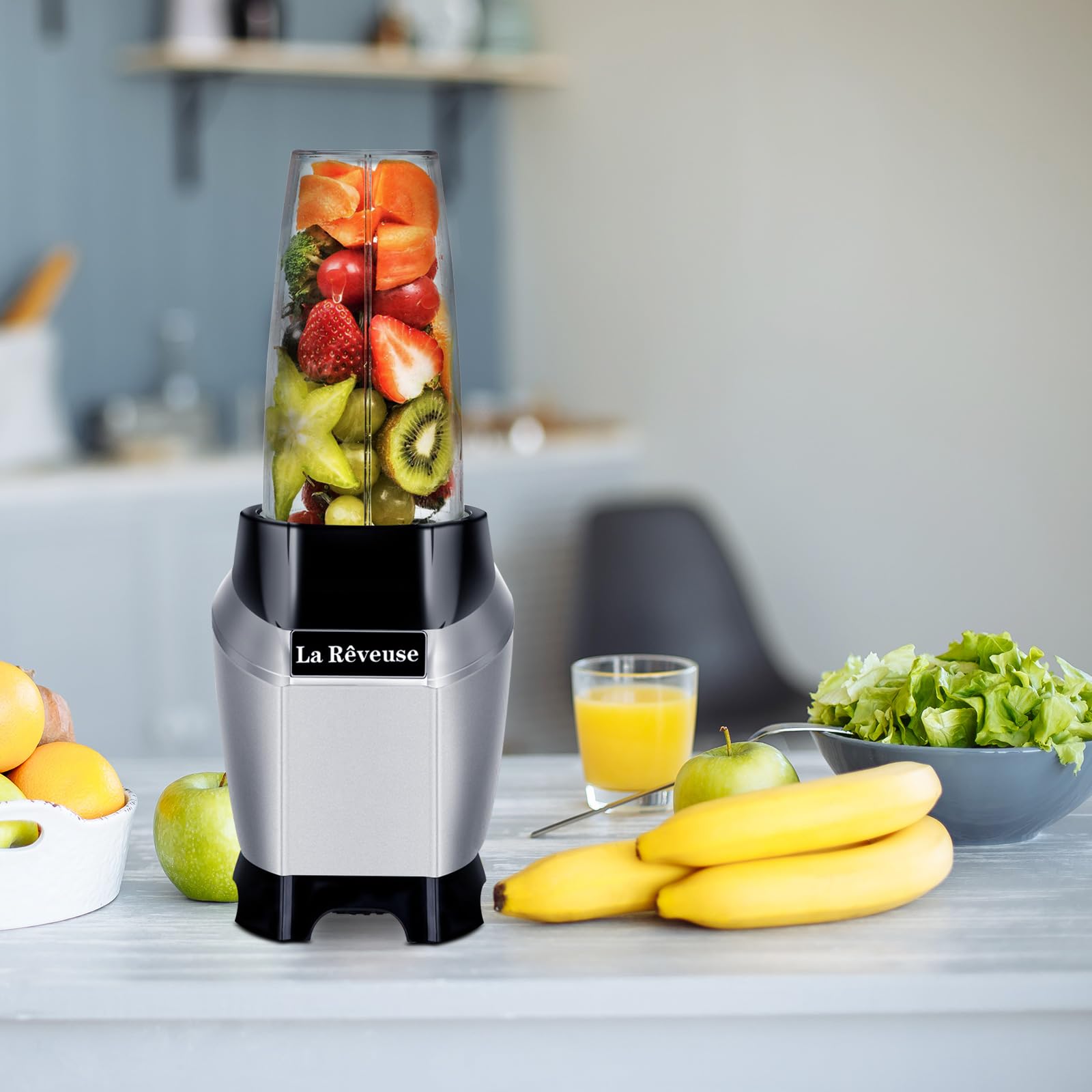 La Reveuse 1000W Personal Blender for Shakes, Smoothies & Protein Drinks - 24oz BPA-Free Travel Bottle, Dishwasher Safe (Silver) - Perfect for Gym, Office & On-the-Go Healthy Lifestyles