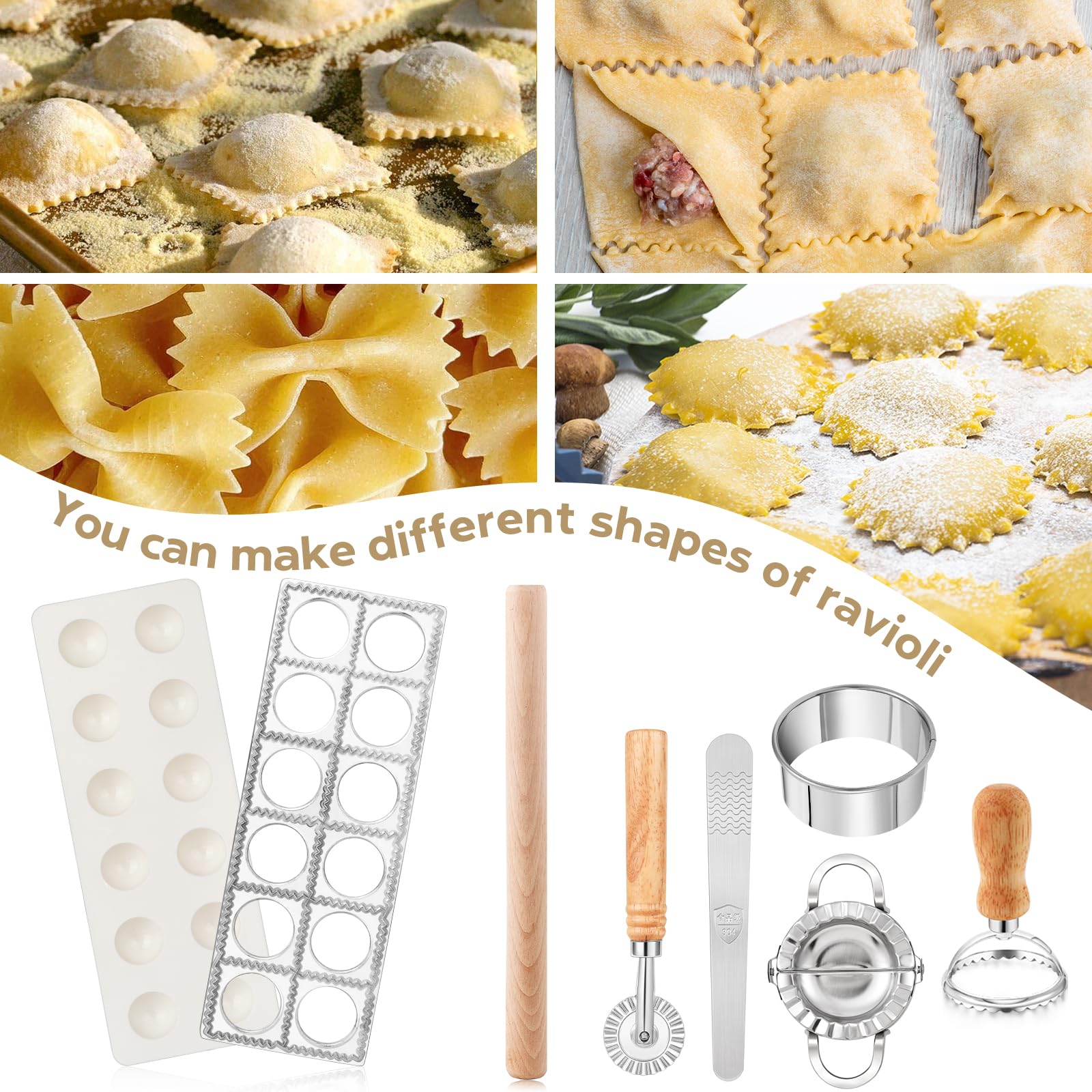 8-Piece Ravioli Maker Press Kit with Rolling Pin & Pasta Cutter Wheel - Empanada, Dumpling, Pierogi Mold - Perfect for Homemade Pasta, Hand Pies & Italian Cooking