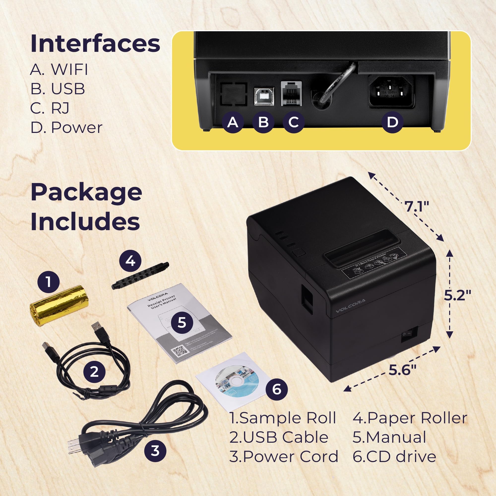 Volcora 80mm Thermal POS Printer with Auto Cutter - USB/WiFi Connectivity for Windows/MAC/Linux - ESC/POS Command Support - High-Speed Kitchen & Retail Receipt Printer - Wall Mountable (Black) - Perfect for Restaurants, Retail Stores, and Small Businesses