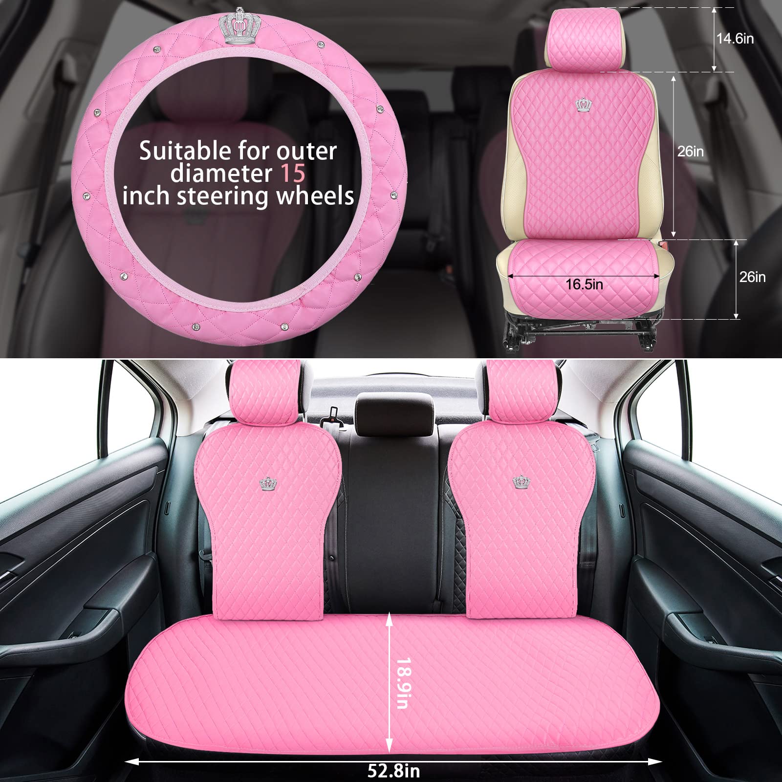 38PCS Pink Rhinestone Car Accessories Set - Seat Covers, Steering Wheel Cover, Handbrake Cover, Seat Belt Covers, Phone Holder & Glasses Holder for Women - Luxury Bling Car Interior Decor for Sedan, SUV, Coupe