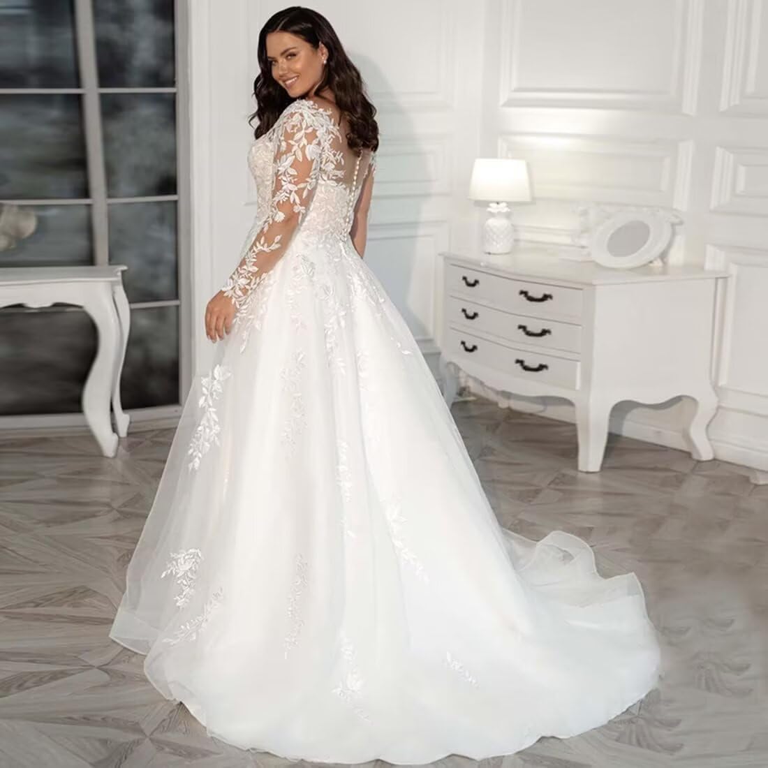 Elegant Plus Size Lace Applique Long Sleeve Wedding Dress 2025 - Button Back Bridal Gown for Women | Perfect for Church, Beach & Formal Weddings