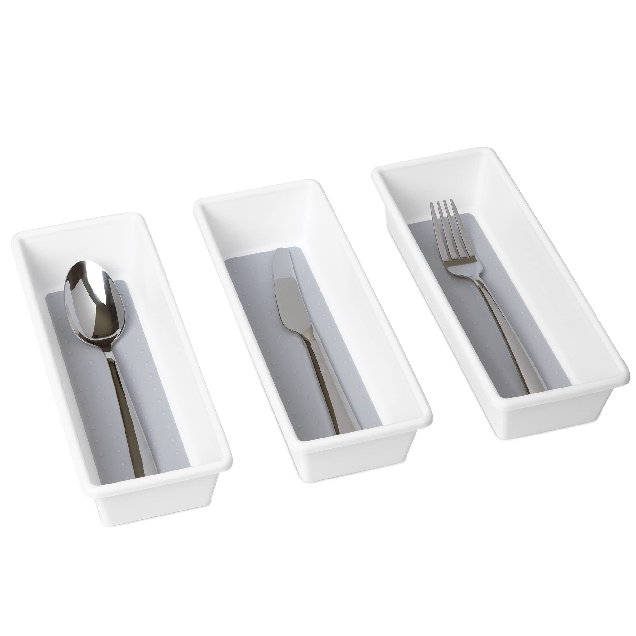 Smart Plastic Drawer Organizer Set of 3 - 9.75 x 3.75 Inch - Non-Slip Lining & Feet - BPA Free - Kitchen, Office & Bathroom Storage for Utensils, Flatware, Makeup & Personal Care - White & Gray - Perfect for Small Spaces & Clutter Control