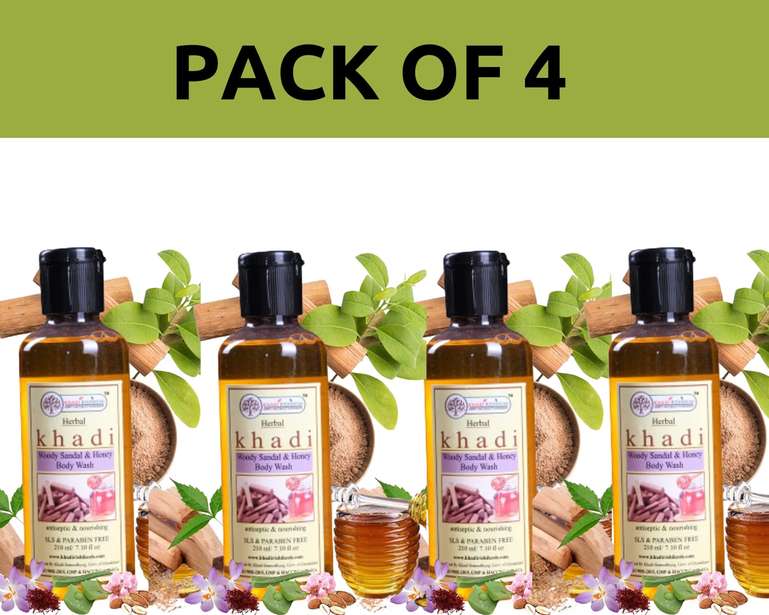 Khadi Rishikesh Herbal Sandalwood & Honey Body Wash for Glowing Skin - Tightens Pores, Removes Tan, Prevents Acne - Pack of 4 (4X210ml) - Perfect for Daily Skincare & Spa-Like Bath Experience