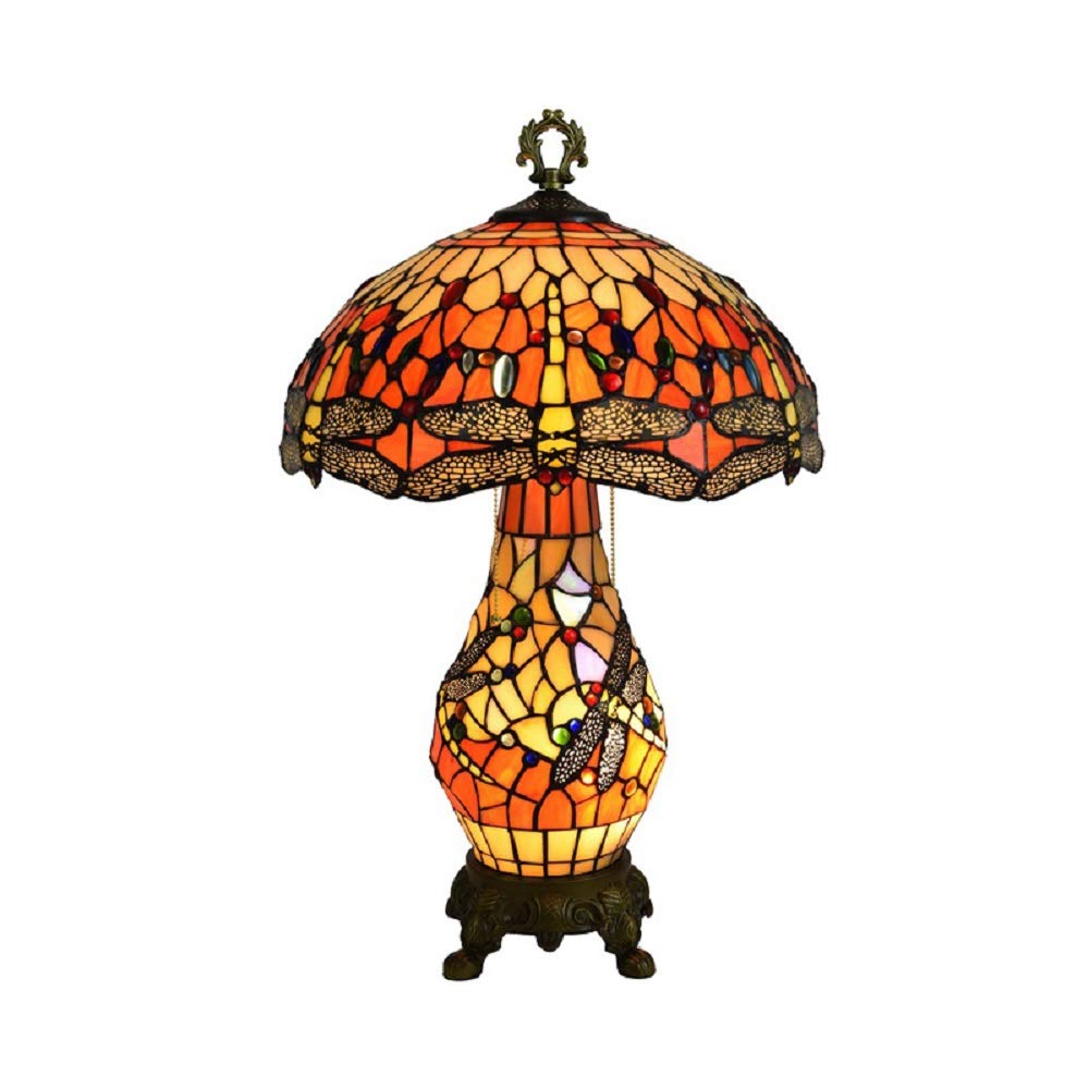 Tiffany Style Stained Glass Mushroom Table Lamp - 3-Light Pull Chain Desk Lamp with Dragonfly Pattern (Orange) | Vintage Home Office Lighting, Bedroom Night Light, Living Room Decor