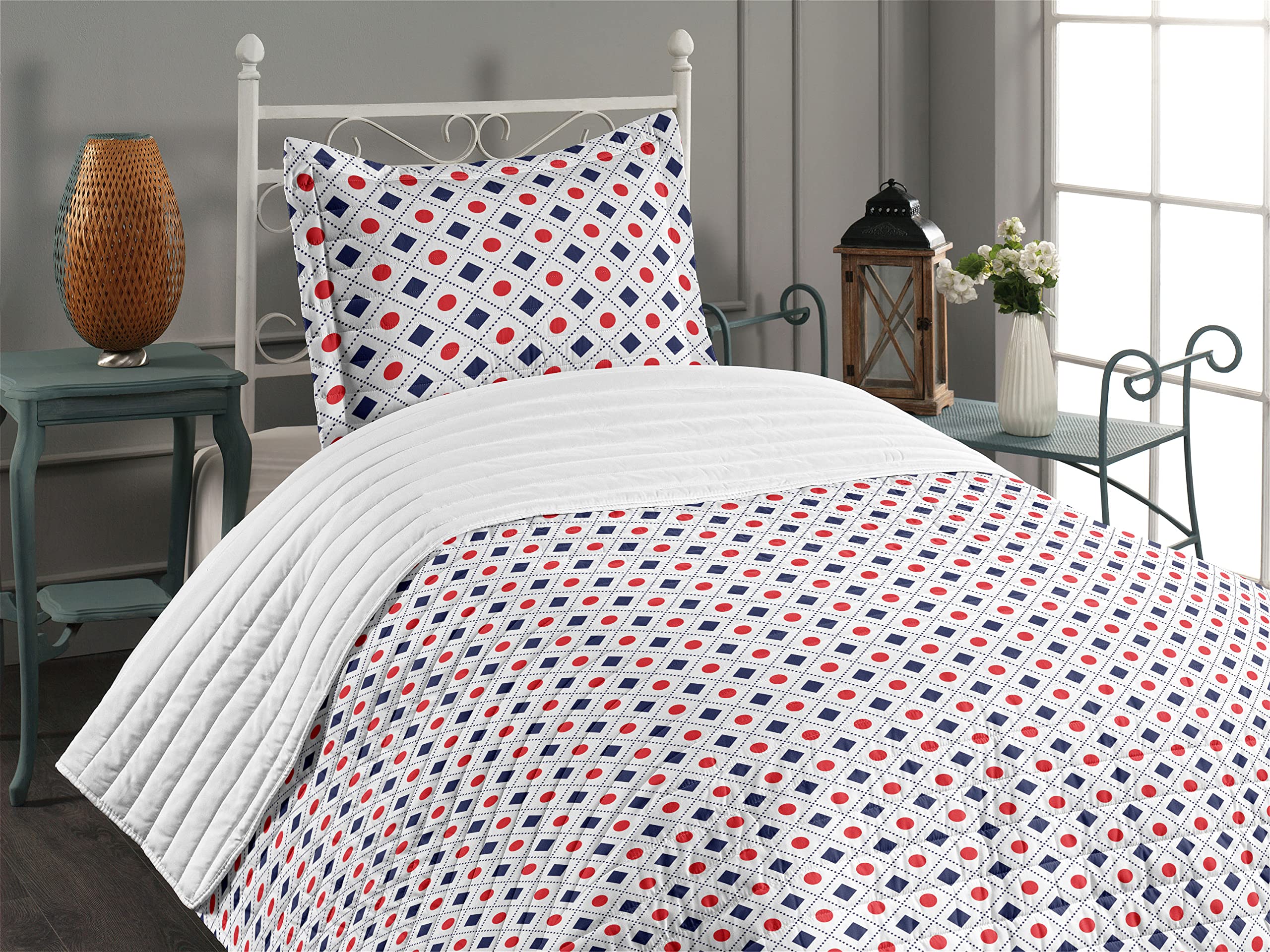 Ambesonne Abstract Microfiber Bedspread Set - Red Dots & Geometric Tile Print Bedding | Twin Size Navy Blue White Red | Soft Comforter with Pillow Sham | Perfect for Modern Bedrooms & Guest Rooms