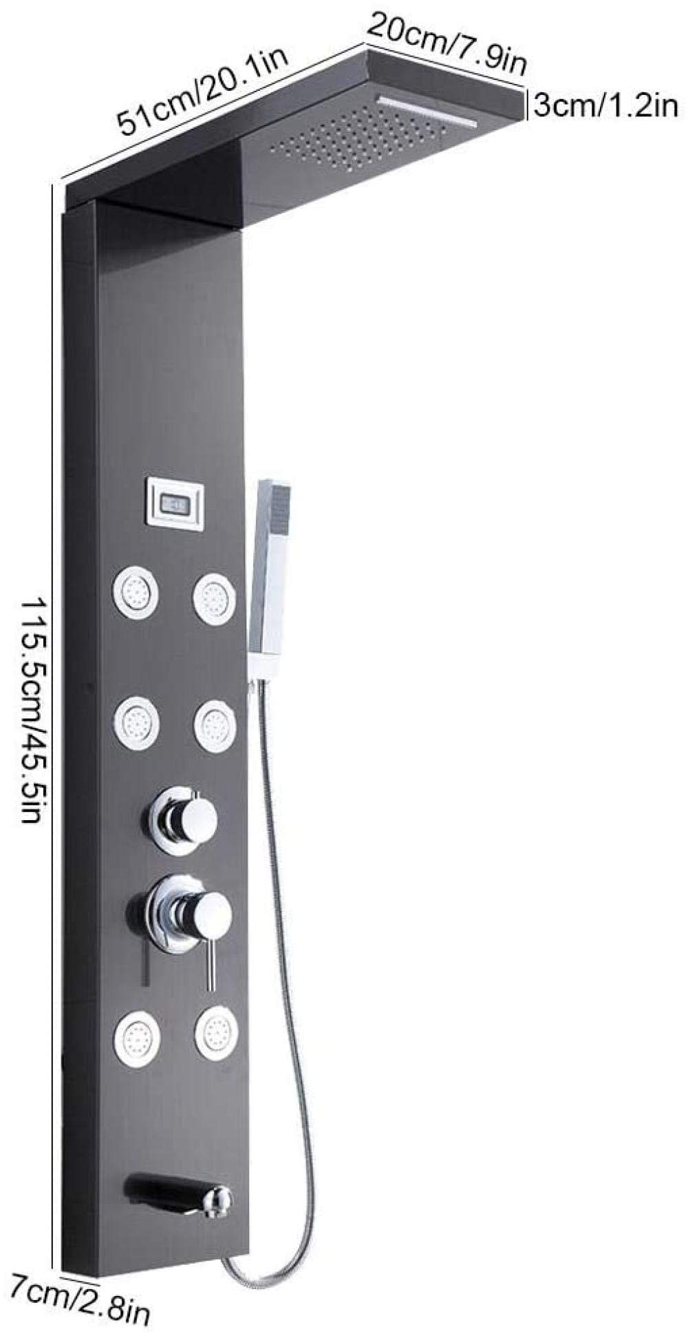 Stainless Steel Shower Panel System with LCD Display, Thermostat & 6 Water Modes - Modern Black Bathroom Upgrade for Spa-Like Experience