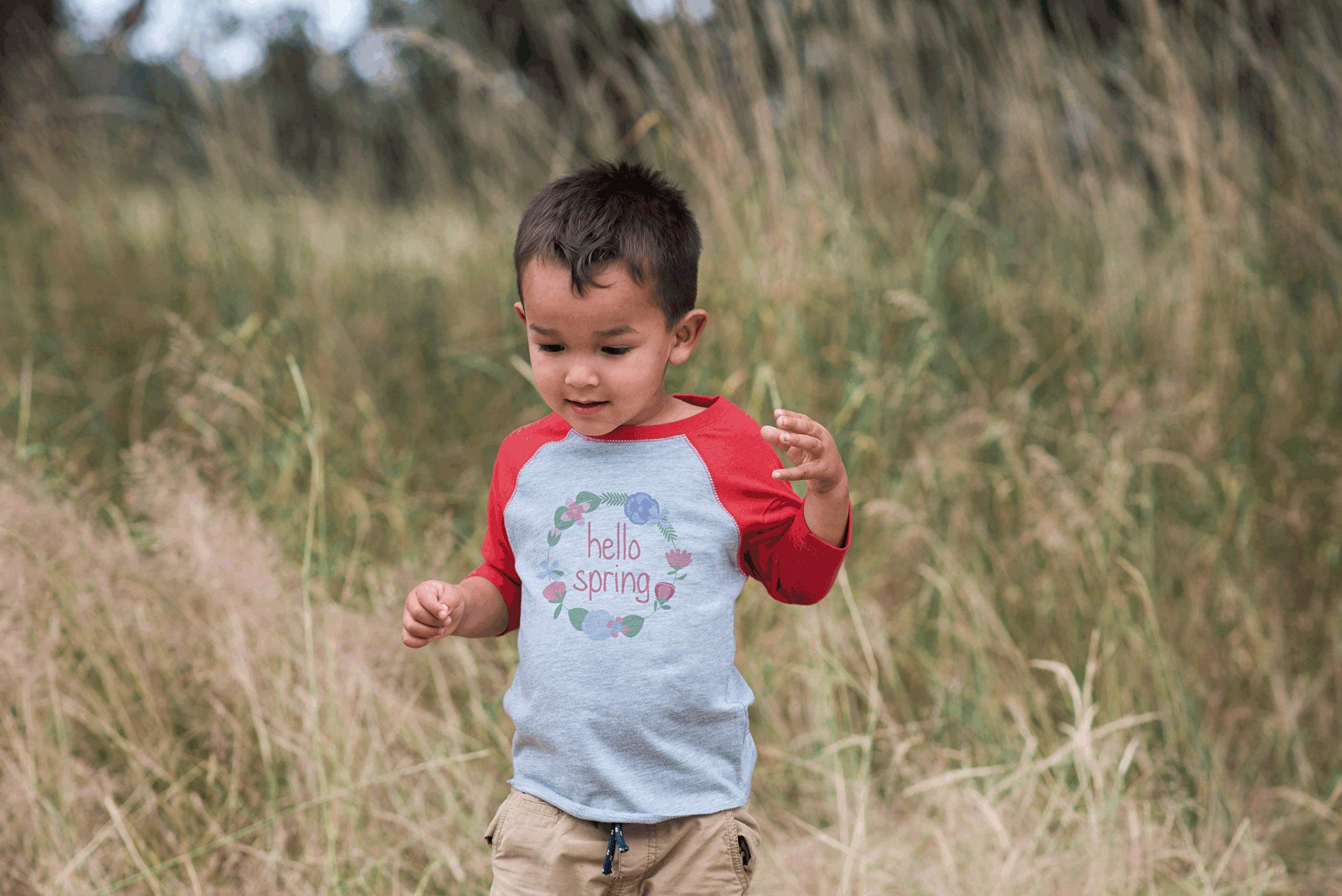 7 ate 9 Apparel Kids Hello Spring Red Raglan T-Shirt - Comfortable Short Sleeve Top for Boys & Girls - Perfect for Spring Outfits, Playdates & Family Photos