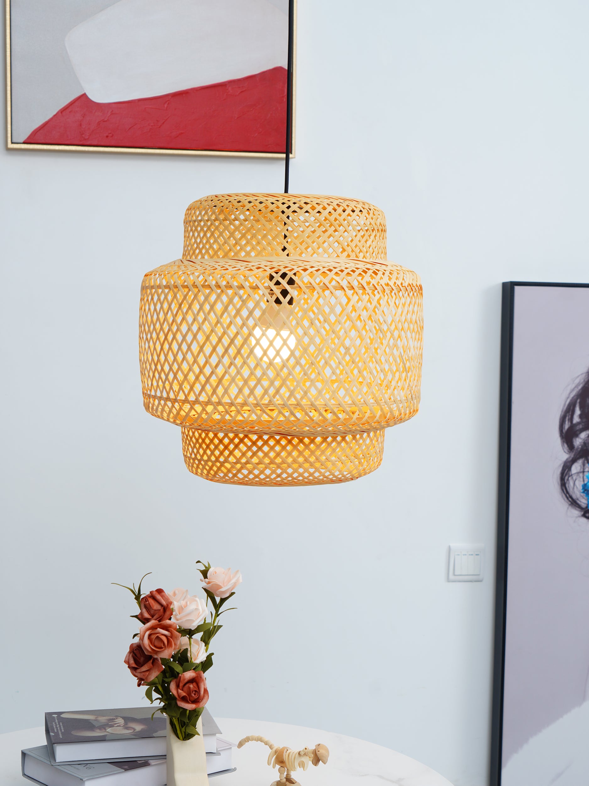 Modern Bamboo Pendant Light Fixture - Handwoven Natural Rattan Hanging Lamp for Kitchen Island, Dining Room & Bedroom Decor - Eco-Friendly Lighting Solution