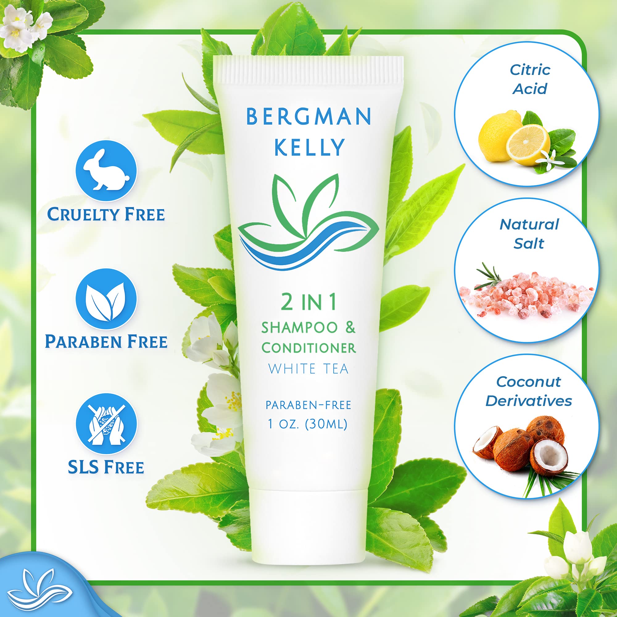 Bergman Kelly - 2 in 1 Travel Size Shampoo & Conditioner (1 fl oz, 100 Pack) - White Tea Scent - Bulk Hotel Toiletries for Guests | Revitalizing & Refreshing Hair Care | Perfect for Hotels, Spas, Gyms & Travel Amenities