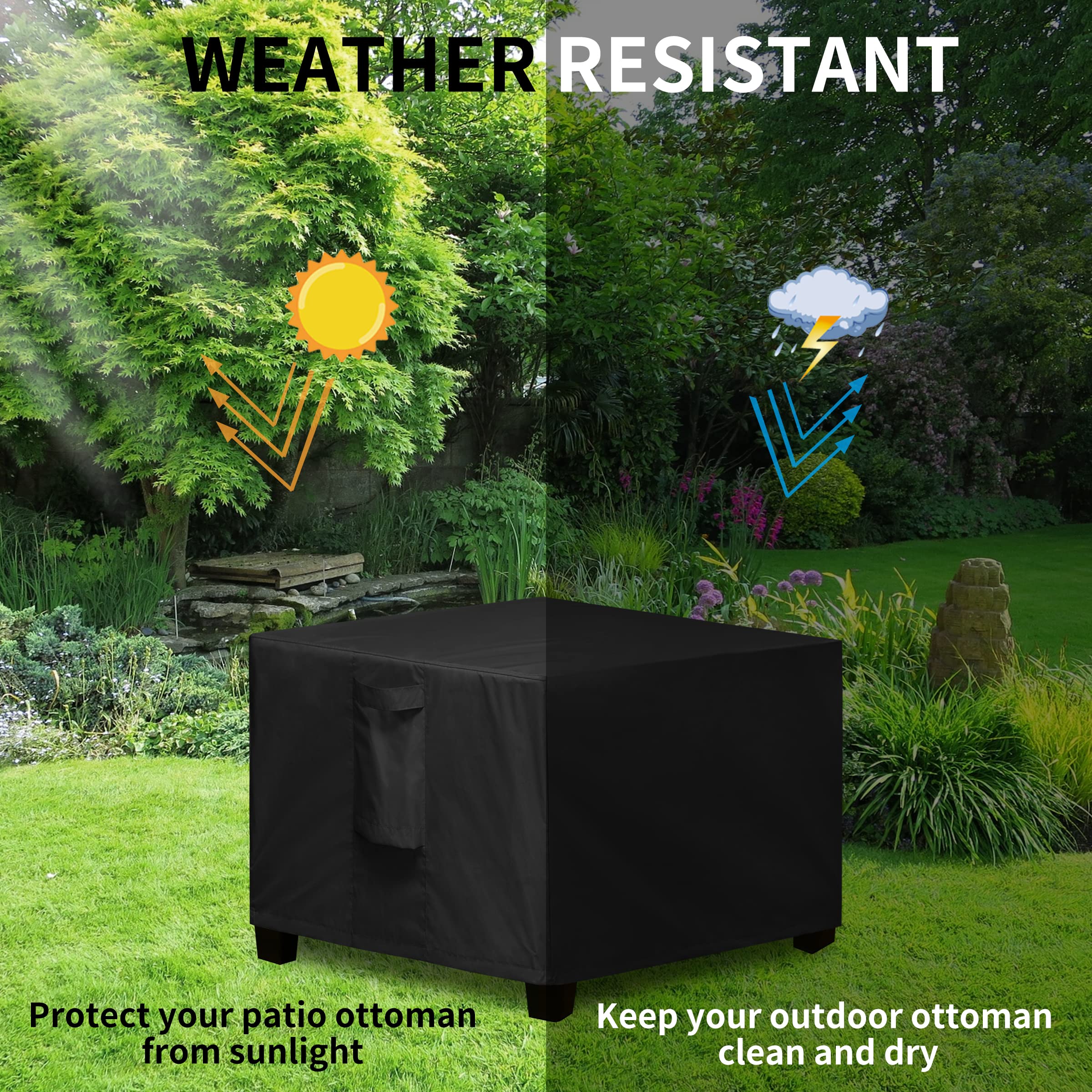 Waterproof Square Patio Ottoman Cover 25x25x17 Inch - Fade Resistant Outdoor Furniture Protector with Sealed Seams for Side Table, Deck & Garden Use - Durable Black Weatherproof Cushion Cover