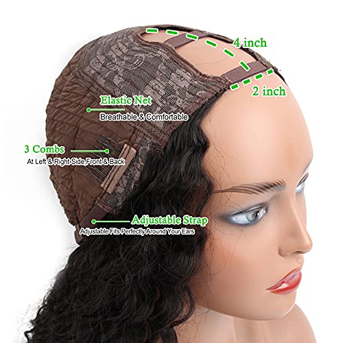 Brazilian Deep Wave U Part Wig 18 Inch - 180% Density Virgin Remy Human Hair for Black Women | Glueless Clip-in Half Wig with U Shape | Natural Color for Daily Wear, Parties & Special Occasions