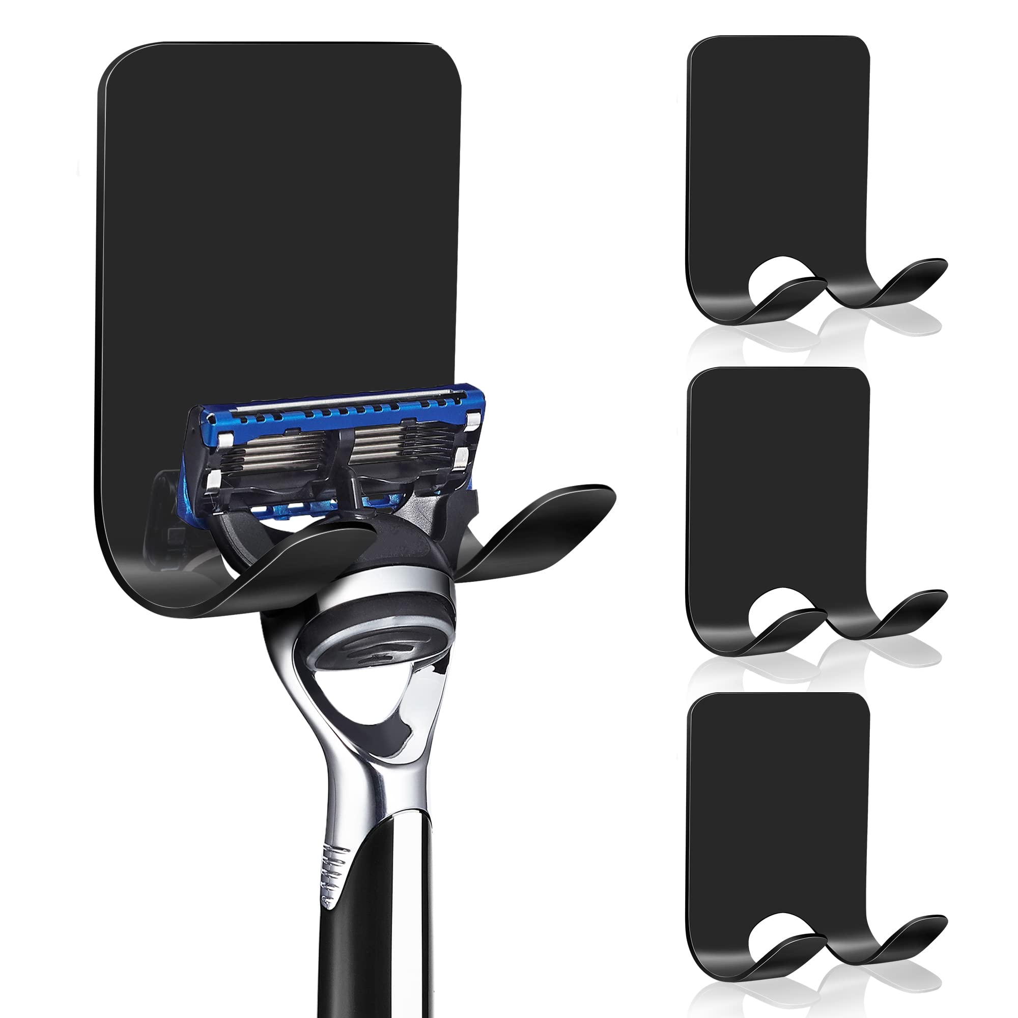 Stainless Steel Razor Holder for Shower Wall - Heavy Duty Waterproof Adhesive Bathroom Organizer - Holds Shaver, Loofah & Towel (4 Pack, Black) - Perfect for Shower, Bathroom & Kitchen Storage