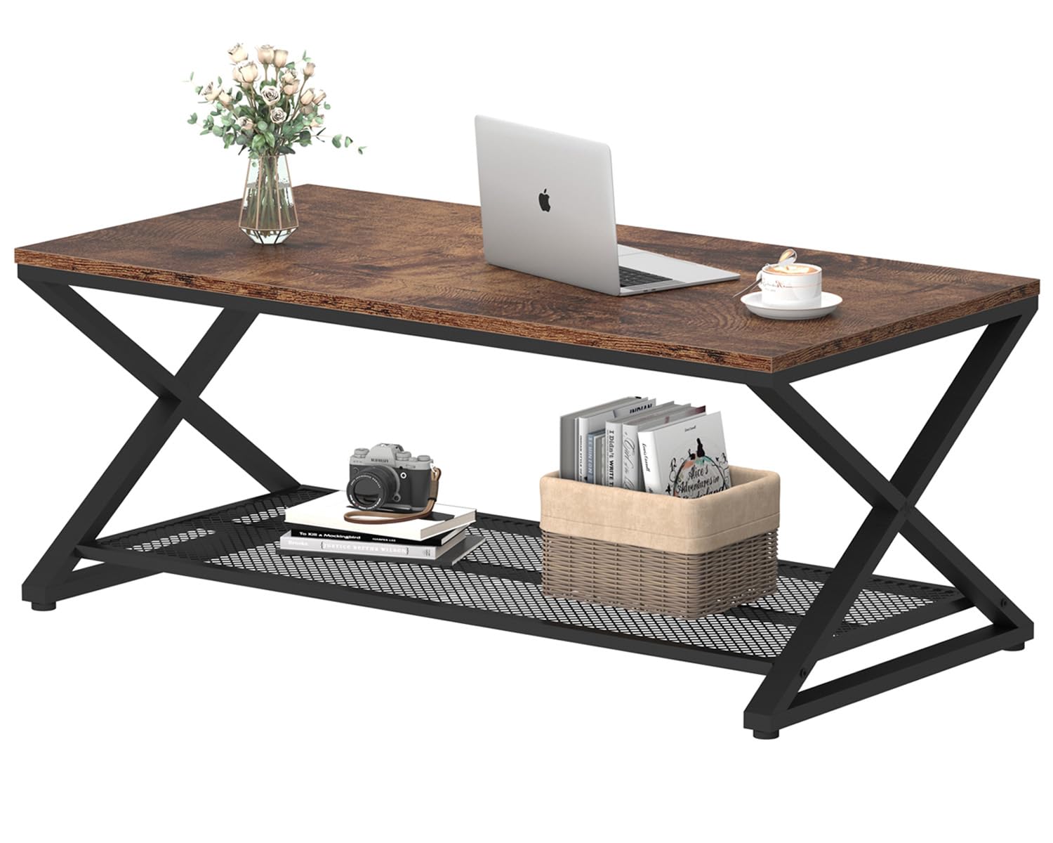 LVB Rustic Coffee Table - 39 Inch Industrial Metal & Wood 2-Tier Cocktail Table with Storage Shelf | Farmhouse Style Rectangle Center Table for Living Room, Office & Bedroom | Rustic Brown Finish | Perfect for Small Spaces, Home Decor & Entertaining Guests
