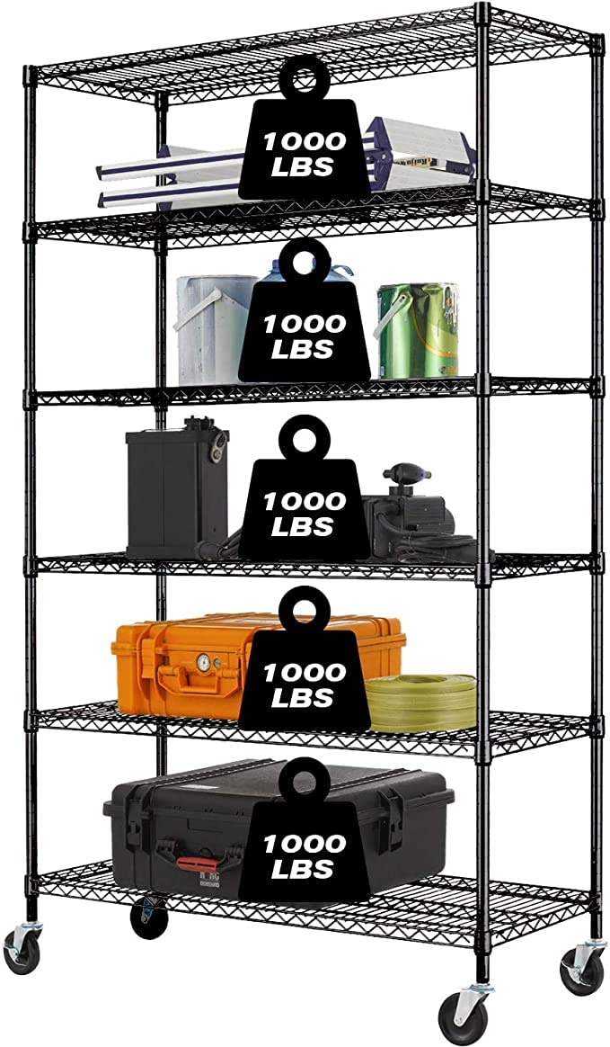 HCB 6-Tier Heavy Duty Wire Shelving Unit 76x48x18 Inches - Adjustable Metal Steel Storage Rack with Wheels for Restaurant, Garage, Pantry & Kitchen Organization (Black) - Perfect for Commercial Kitchens, Warehouse Storage & Home Organization