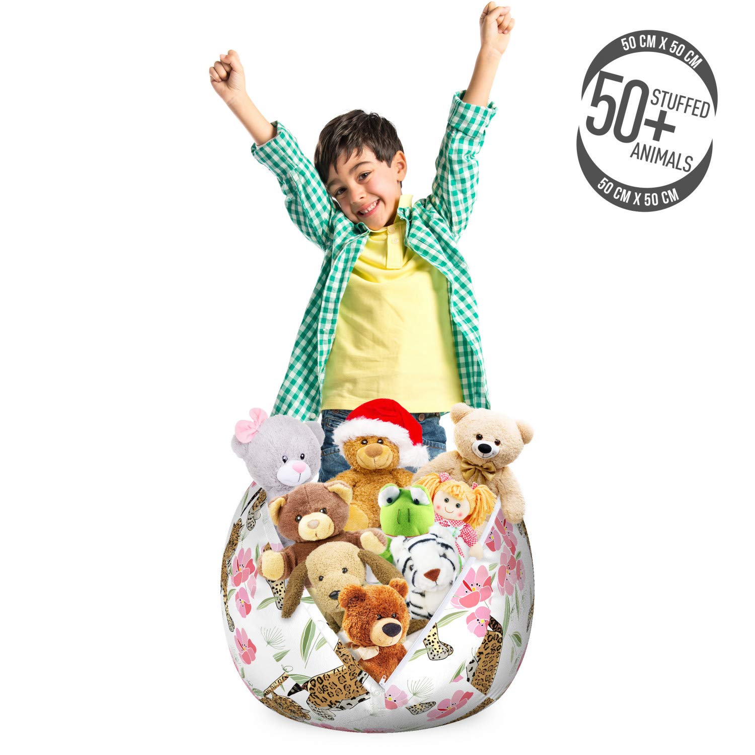 Ambesonne Jaguar Storage Toy Bag Chair - Small Brown Pink Washable Stuffed Animal Organizer with Retro Floral Jaguar Print | Perfect for Kids' Room, Nursery, Playroom & Pet Toy Storage