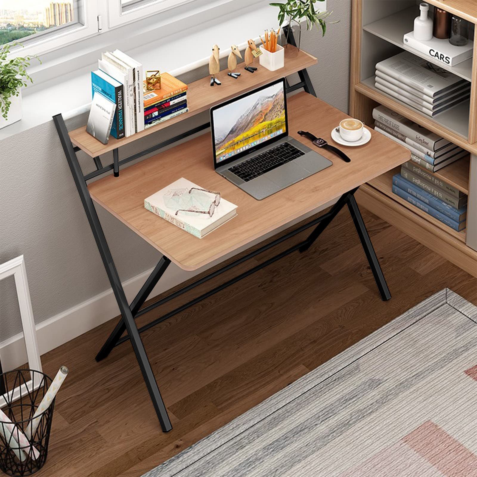 2-Style Folding Laptop Desk with Bookshelf - Compact Home Office Desk for Bedroom, Dorm & Small Spaces - No Assembly Required (Khaki) | Perfect for Remote Work, Studying & Space-Saving Solutions