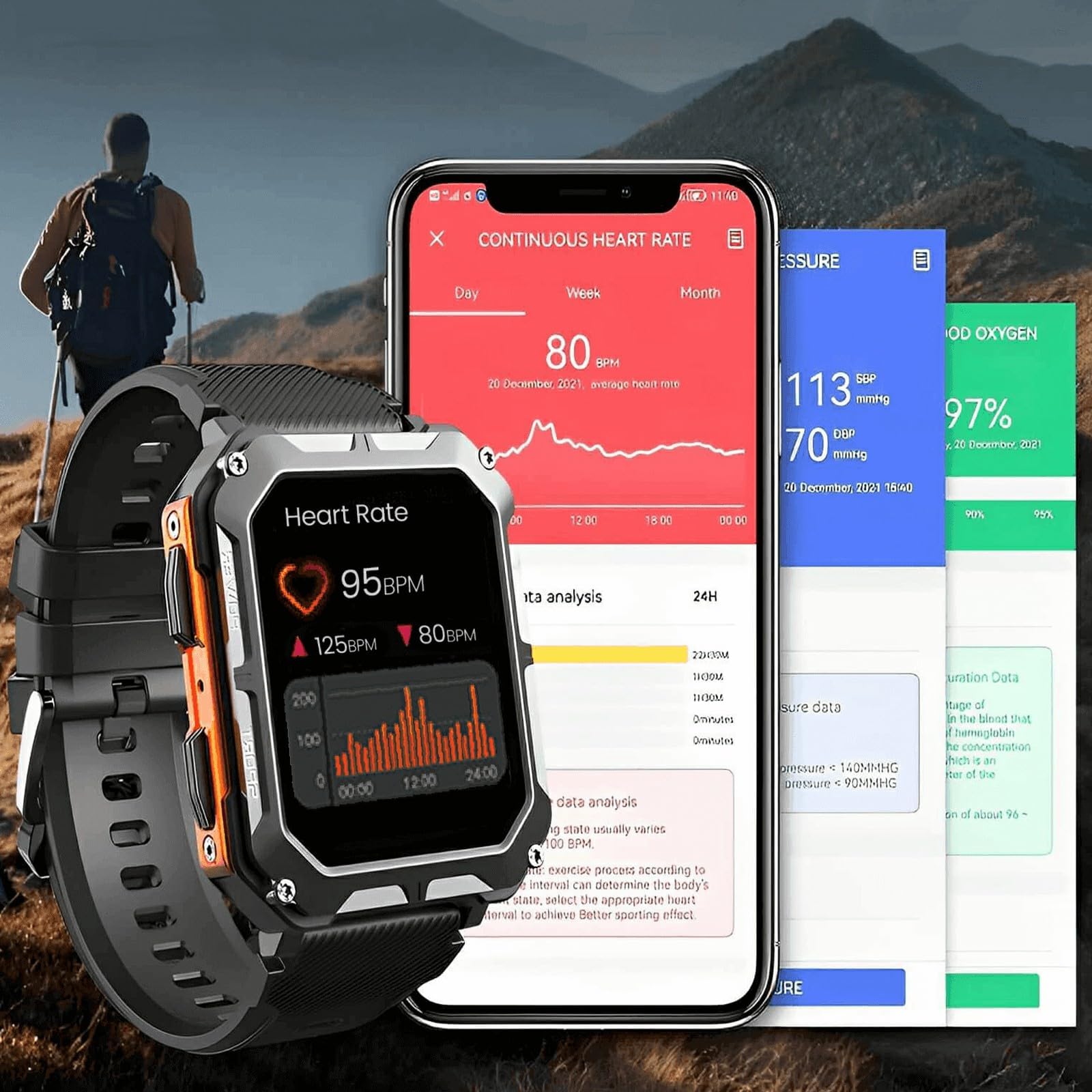 Njord Gear Rugged Smartwatch - IP68 Waterproof, Military Fitness Tracker for Android & iPhone - Outdoor Sports & Hiking