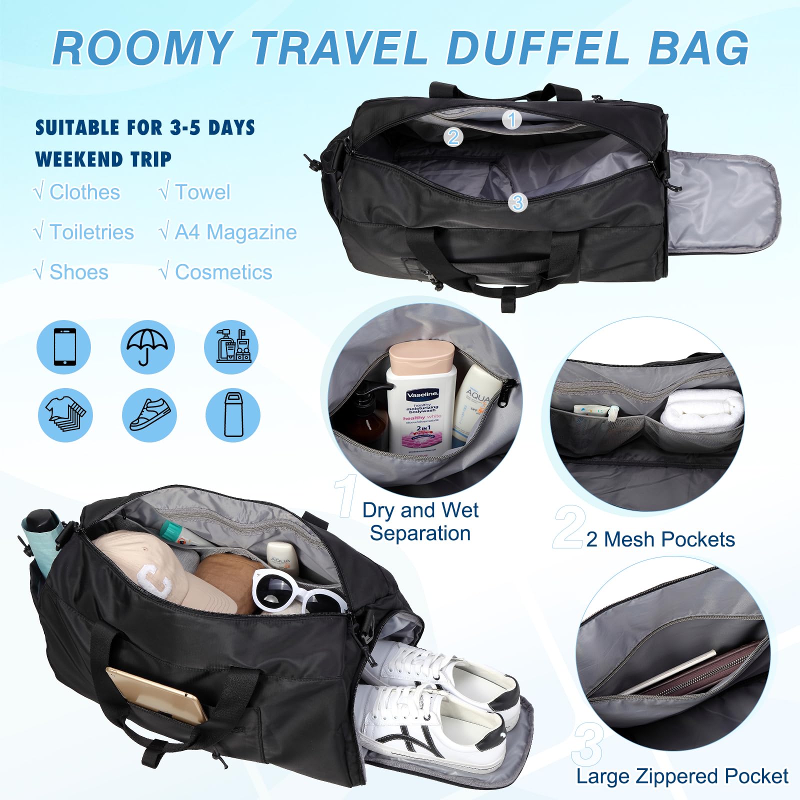 Vaschy 20in Medium Weekender Duffle Bag for Travel, Gym & Yoga - Water-Resistant Carry-On Overnight Bag with Shoe Compartment & Luggage Sleeve - Perfect for Women & Men (Black) | Ideal for Weekend Getaways, Fitness Sessions & Business Trips