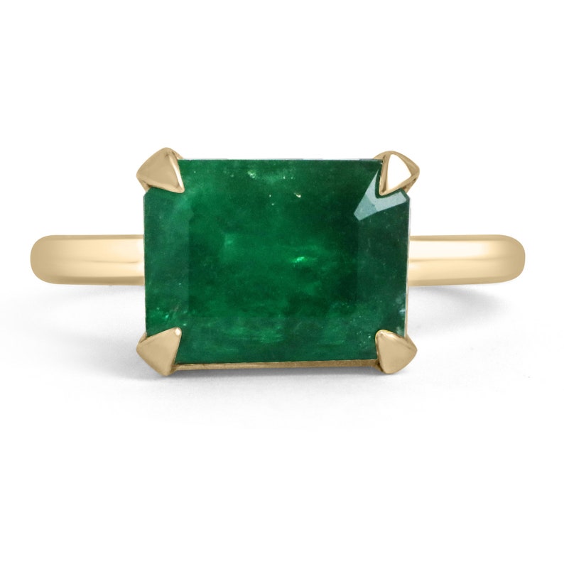 4.50ct Natural Emerald Cut Dark Forest Green East to West 14K Gold Solitaire Ring – Elegant Four Prong Setting for Engagement, Wedding & Anniversary Gifts
