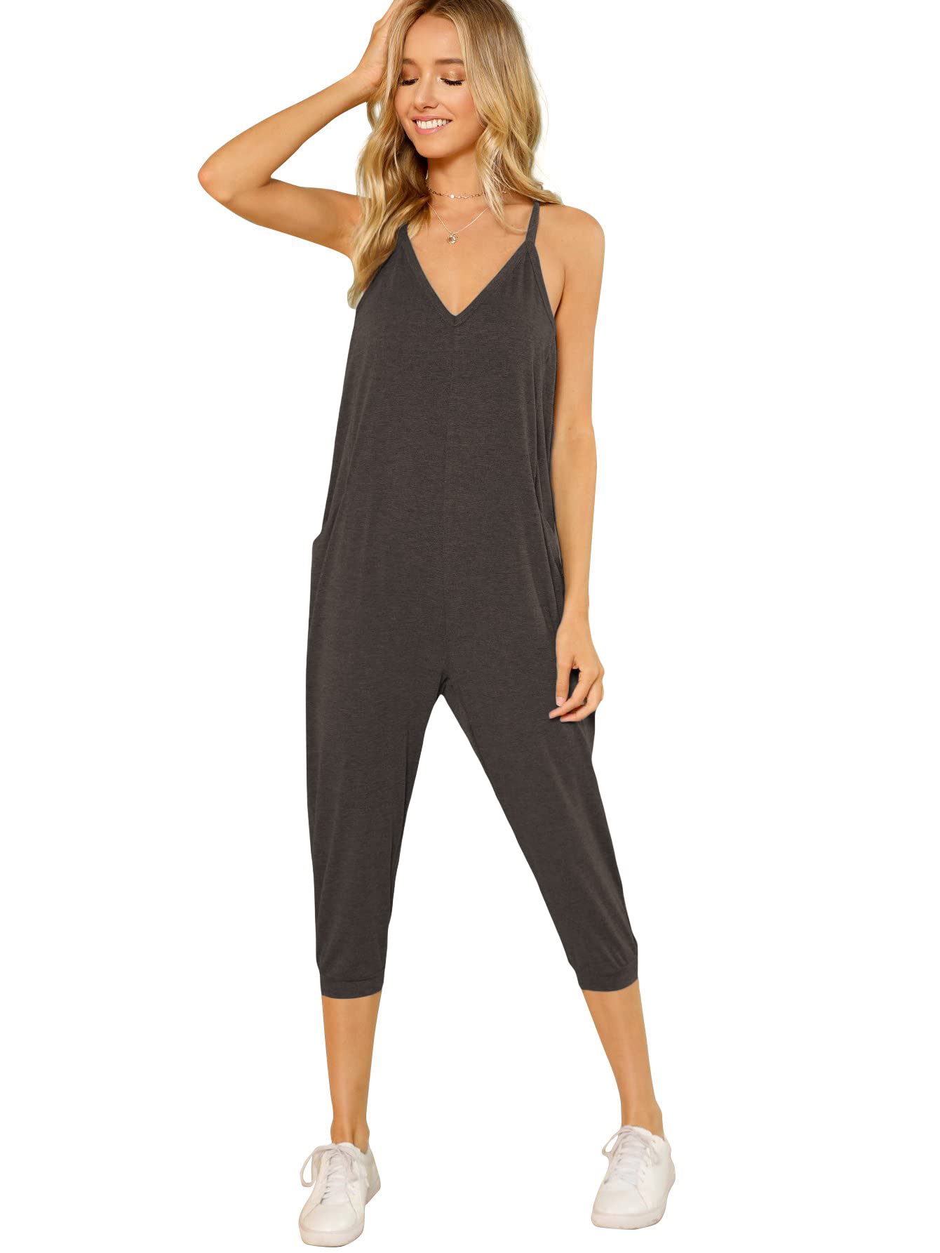 Women's V Neck Spaghetti Strap Harem Leg Cami Jumpsuit - DIDK Stylish Summer Romper for Casual Wear, Beach Outfits & Vacation Essentials
