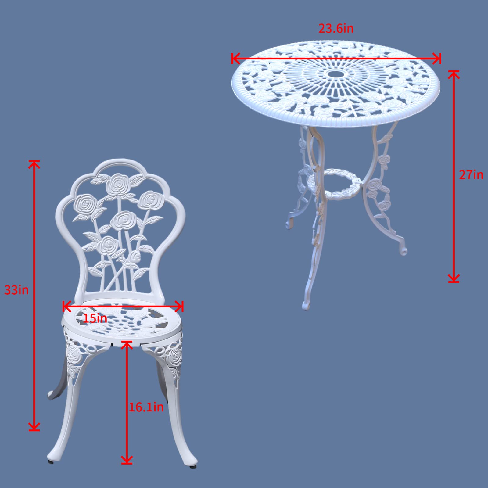 White Outdoor Bistro Set with Rose Pattern - 1 Table & 2 Chairs for Garden, Patio, Porch | Perfect for Small Spaces, Balcony Dining & Backyard Tea Parties