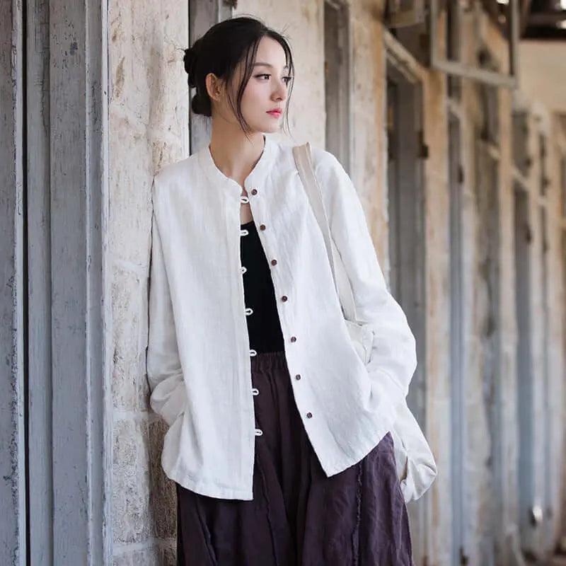 Elegant White Linen Blouse for Women - Long Sleeve Button Down Shirt - Perfect for Office, Business Casual & Spring Outfits