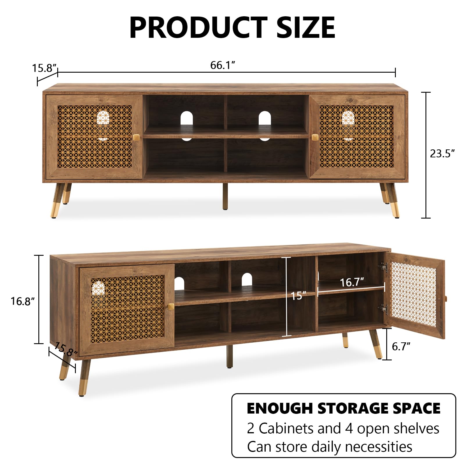 Modern Entertainment Center for 75 Inch TV - Boho TV Stand with Storage Cabinet & Open Shelves - Large Rustic TV Console for Living Room, Bedroom, Office - Perfect for Home Theater Setup & Media Organization