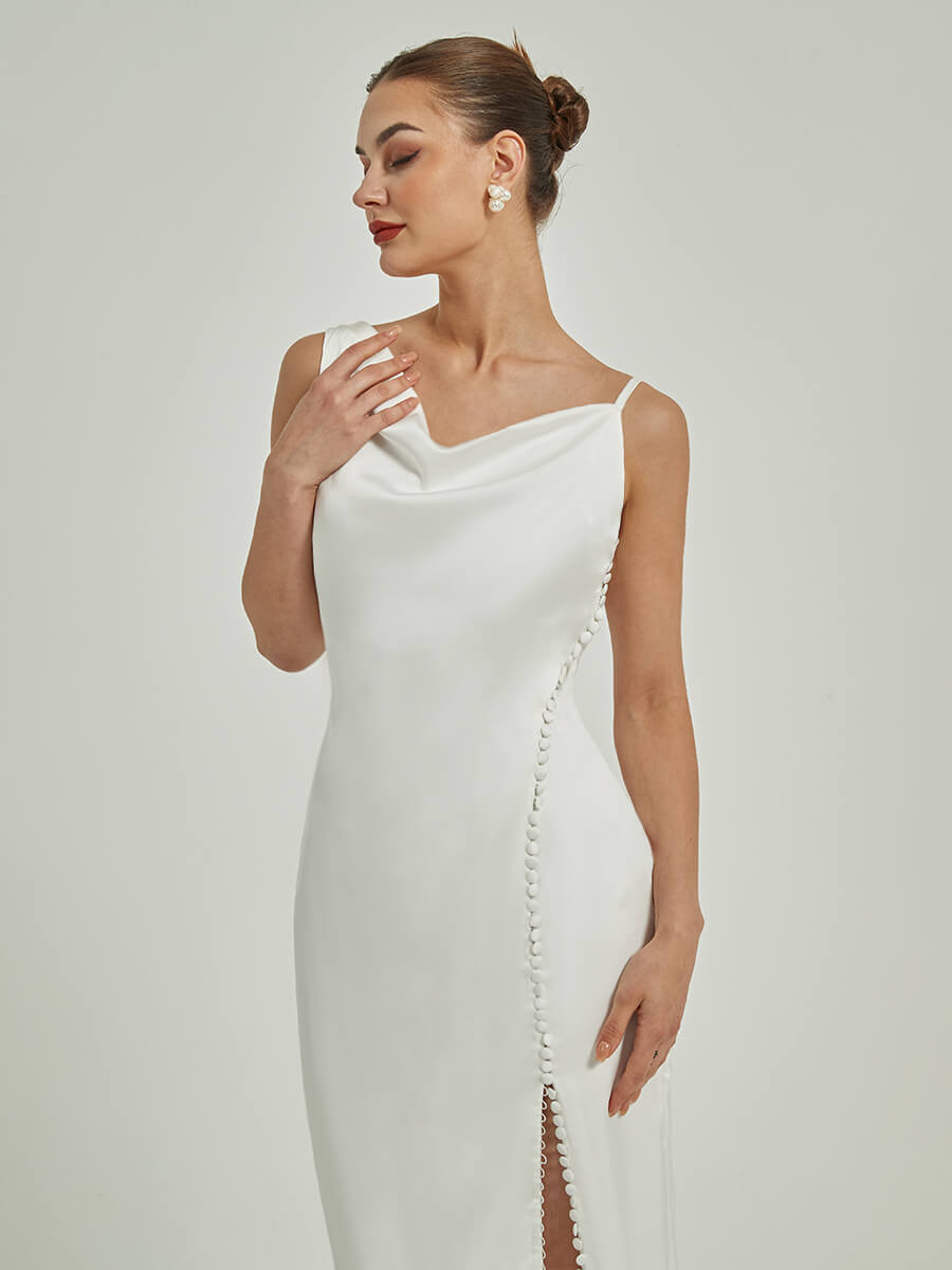 Elegant Diamond White Sheath Wedding Dress with V Back, Button Slit & Train - Perfect for Bridal Ceremonies, Formal Events & Evening Galas