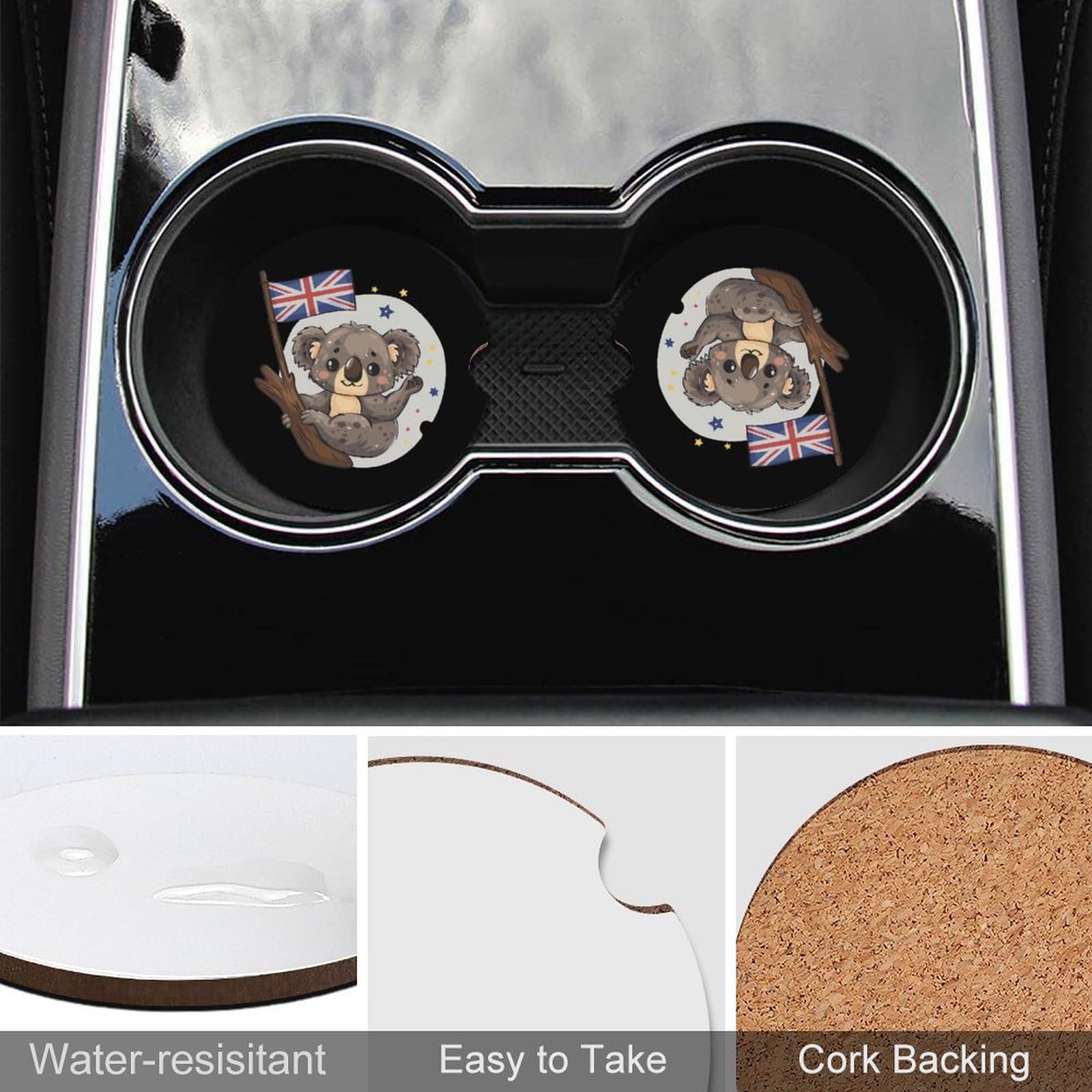 UK Flag Koala Bear Car Coasters for Cup Holders - 4PCS Cork Base Drink Coasters Set - Cute Auto Accessories for British Theme Cars, Gifts & Home Decor