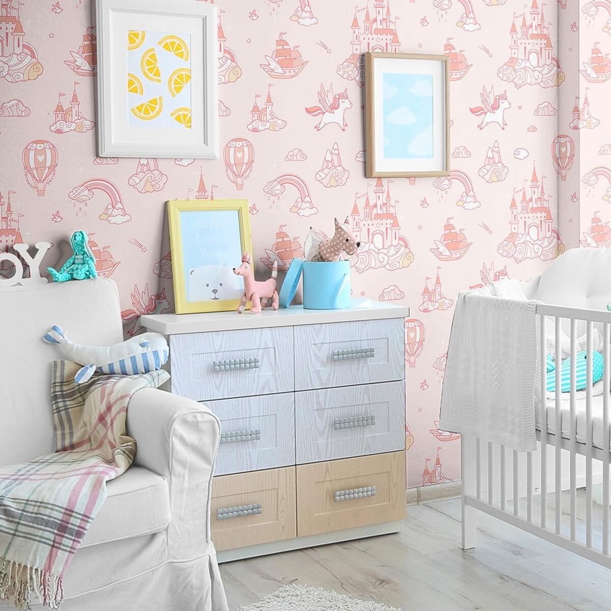Pink Fantasy Baby Peel and Stick Removable Wallpaper 9668 - Self-Adhesive Nursery Decor for Girls Room, Bedroom & Playroom