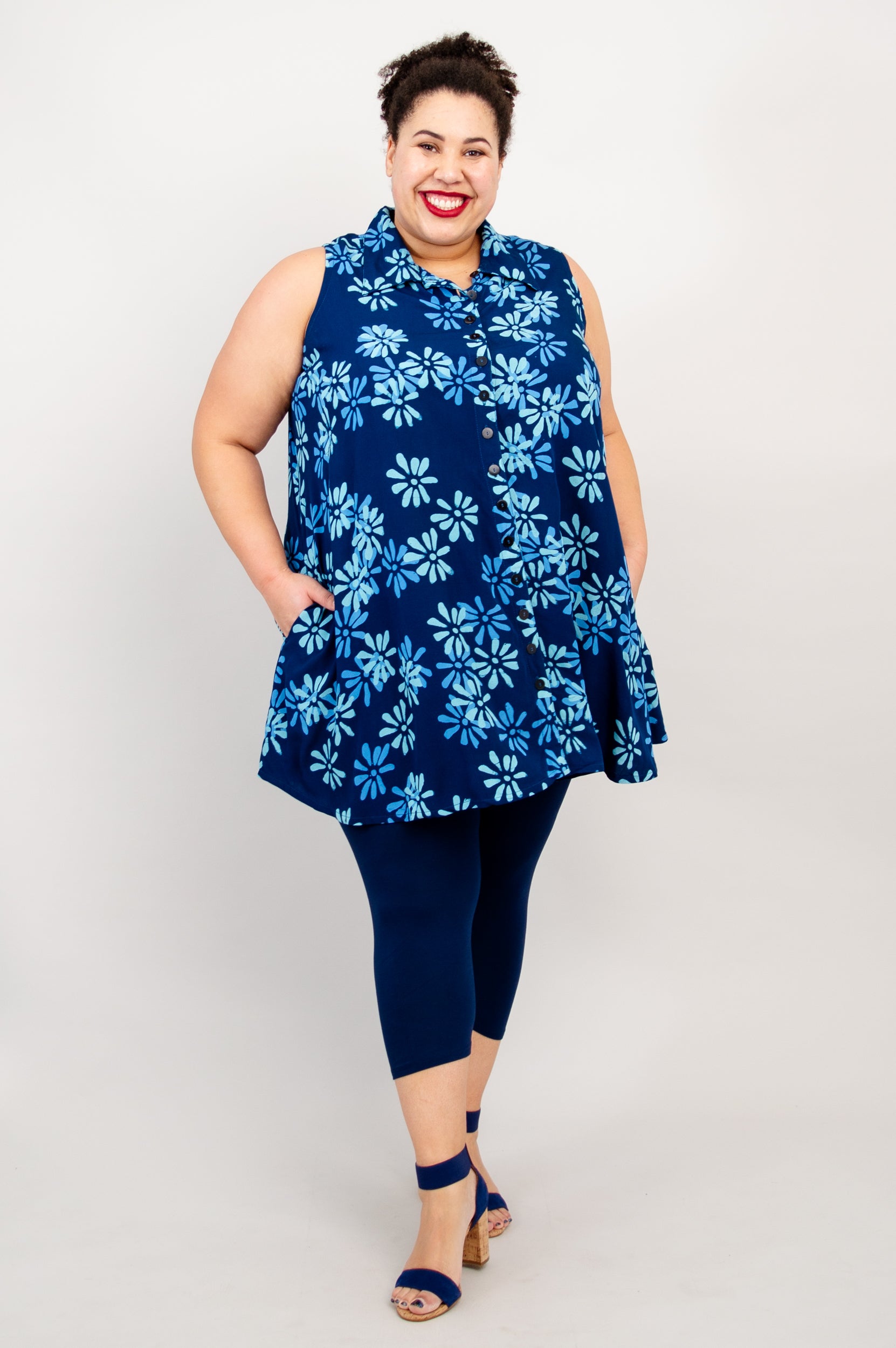 Cissy Tank Top for Women - Daisy Cobalt Blue Floral Print Summer Casual Shirt | Perfect for Beach Outings, Yoga, and Everyday Wear