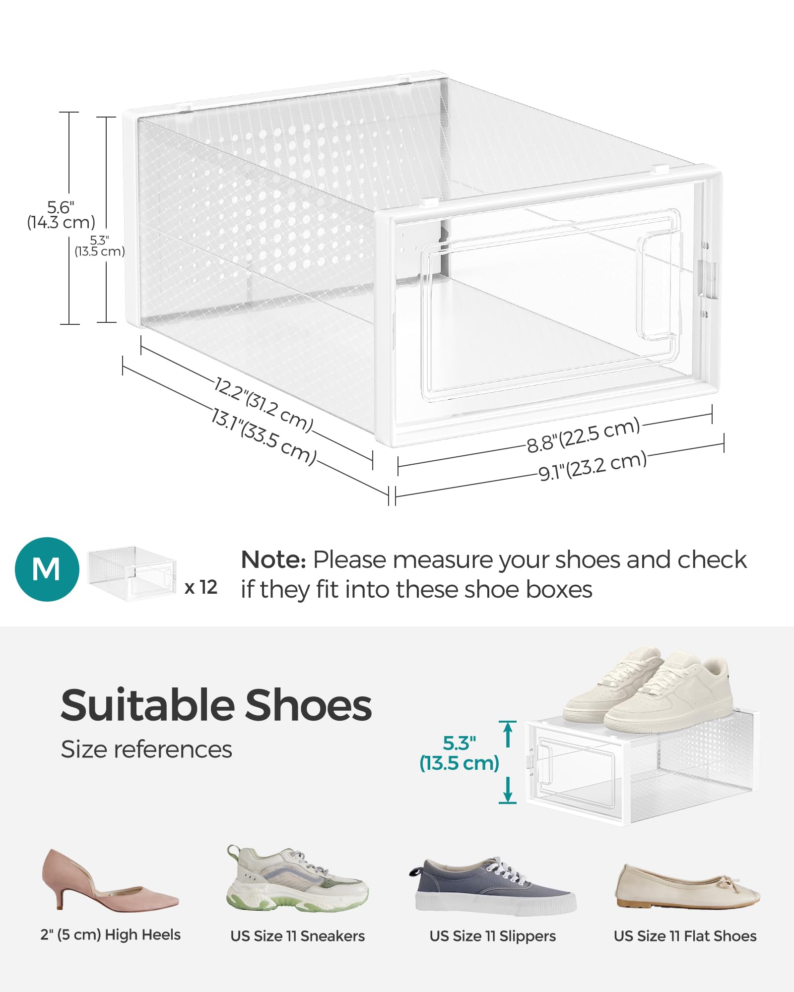 SONGMICS 12-Pack Clear Plastic Shoe Storage Boxes, Stackable Shoe Organizers for Closet - 9.1 x 13.1 x 5.6 Inches, Fits Up to US Men's Size 11 (Transparent & White) | Perfect for Sneaker Collection, Seasonal Shoe Rotation & Small Space Organization