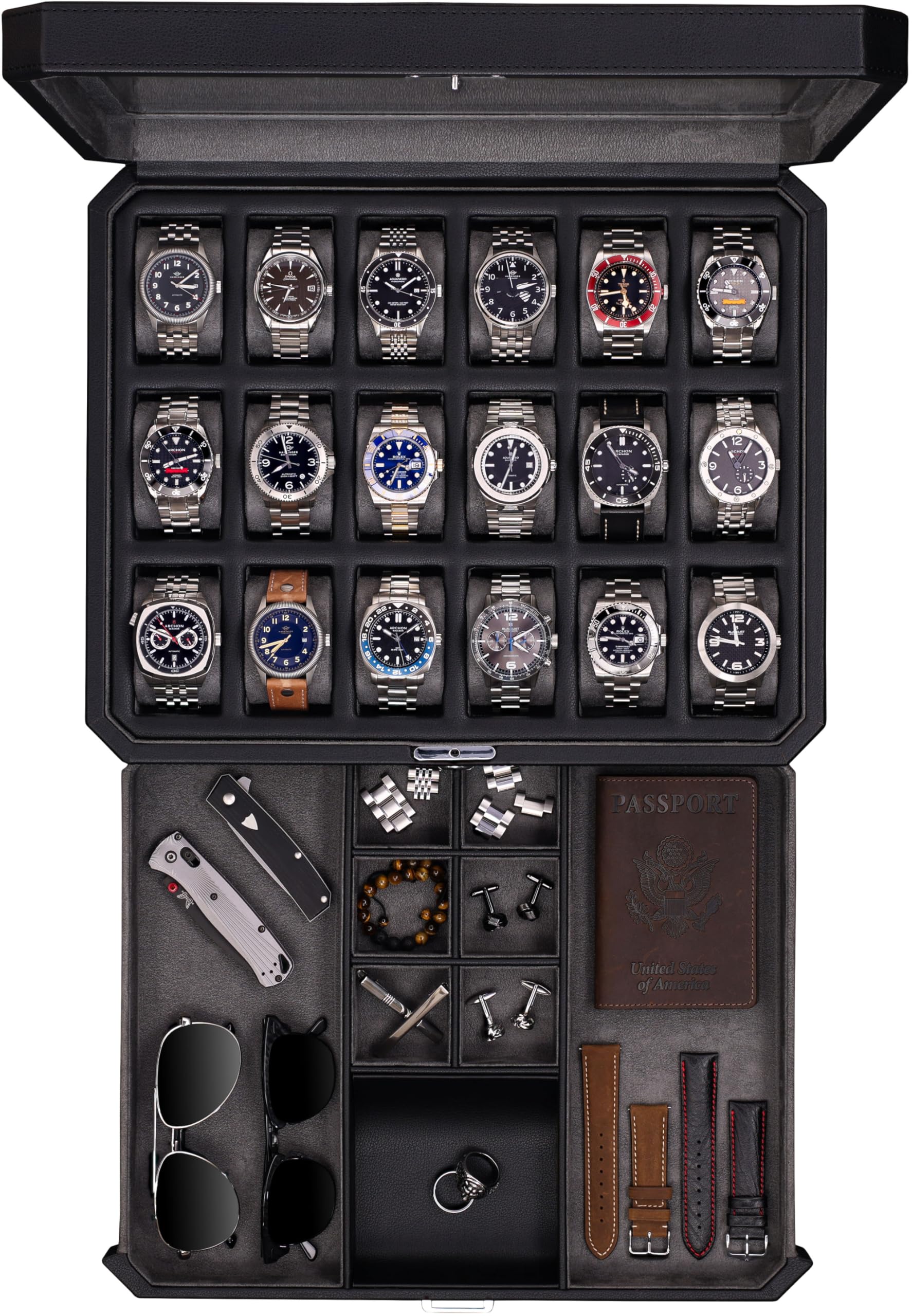 ROTHWELL 18-Slot Luxury Watch Box with Drawer - Men's Watch Display Case with Real Glass Top & Lockable Design for Watch Collections (Black/Grey) - Perfect for Home, Office & Travel Storage