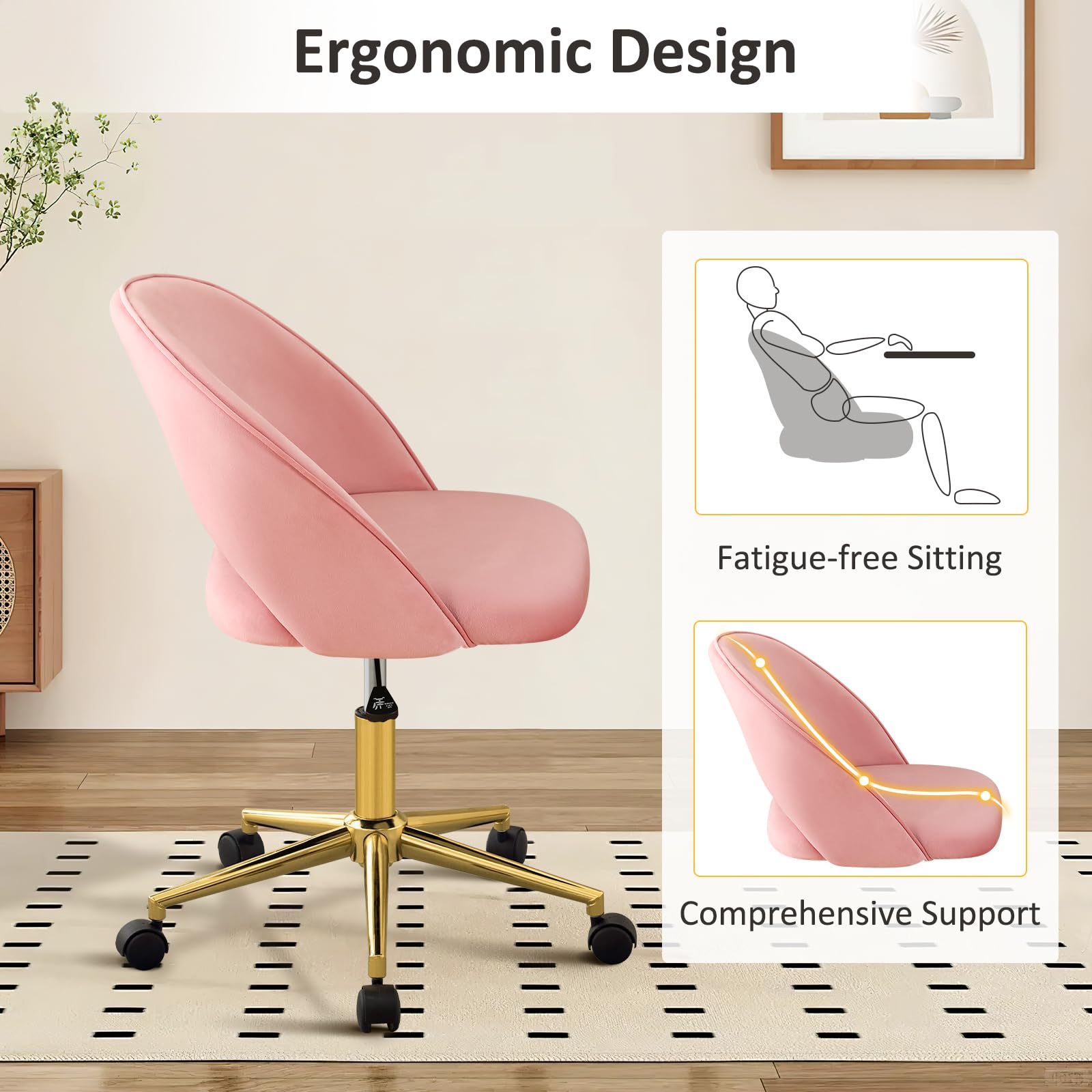 Furniliving Pink Vanity Chair with Back - Cute Rolling Upholstered Accent Chair for Girls, Makeup Room, Bedroom & Living Room - Soft Pink Velvet Office Desk Chair for Women's Dressing Table & Home Decor
