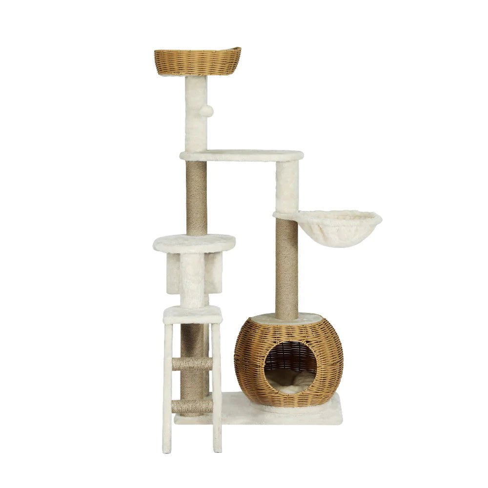 138cm Modern Rattan Cat Tower with Scratching Post & Condo - Multi-Level Cat Tree for Indoor Cats - Perfect for Play, Rest & Climbing in Home or Office