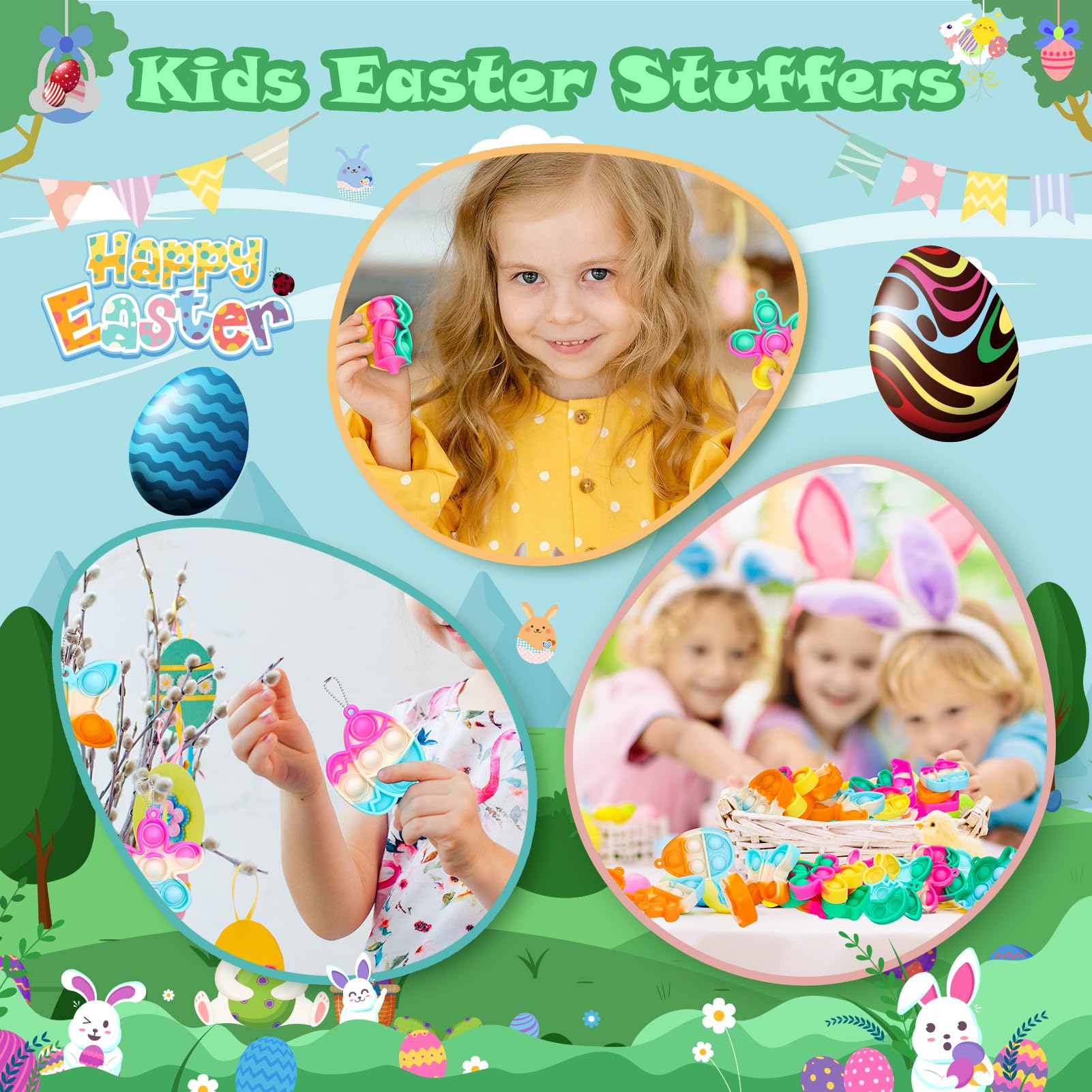 24 Pack Easter Pop Fidget Toys Bulk - Easter Party Favors for Kids, Easter Egg Fillers & Basket Stuffers - Mini Pop Keychain Fidgets for Classroom Prizes, Goodie Bag Stuffers, Kids Party Supplies Gifts - Perfect for Easter Celebrations, Classroom Rewards & Sensory Play