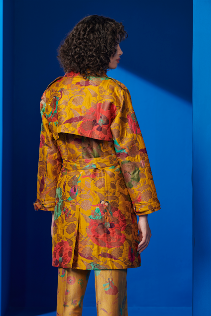 Mustard Trench Coat with Silk Brocade Detailing - Elegant Fall Outerwear for Women | Perfect for Office, Date Night & Special Occasions