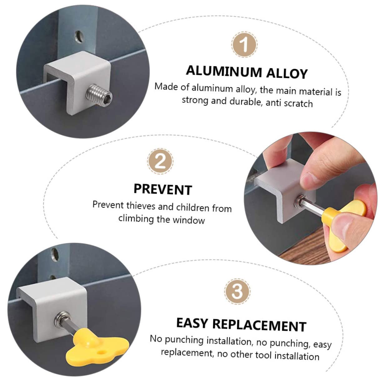 WOONEKY 8pcs Sliding Window Security Locks - Aluminum Alloy Child Safety Locks for Windows | No Drilling Required | Perfect for Home Security & Childproofing