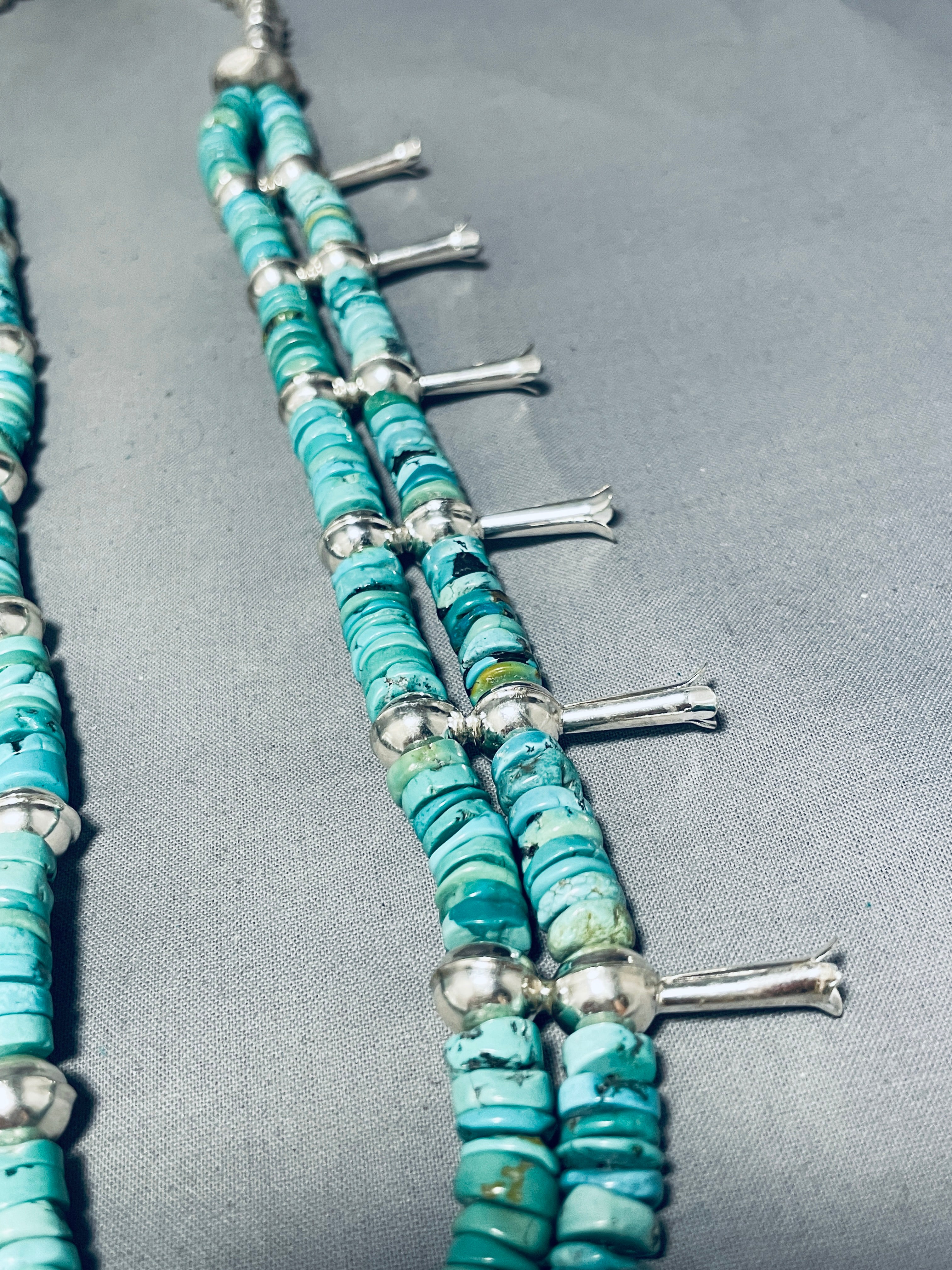 Authentic Navajo Sterling Silver Squash Blossom Necklace with Turquoise Coin - 191g Handcrafted Native American Jewelry for Women - Perfect for Boho Fashion, Weddings & Special Occasions