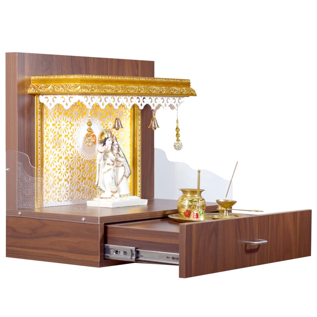 Handcrafted Wooden Mandir for Home Temple - Brown Prayer Altar with LED Lights | Perfect for Pooja Room, Meditation Corner & Spiritual Decor