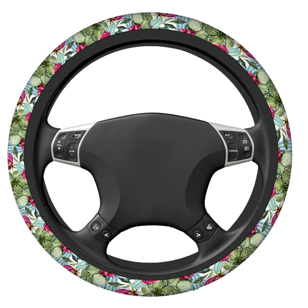 Swono Tropical Flowers Roses and Cactus Steering Wheel Cover - 15 Inch Universal Fit Anti-Slip Fabric Protector for Cars, SUVs, Sedans | Perfect for Summer Road Trips and Beach Getaways